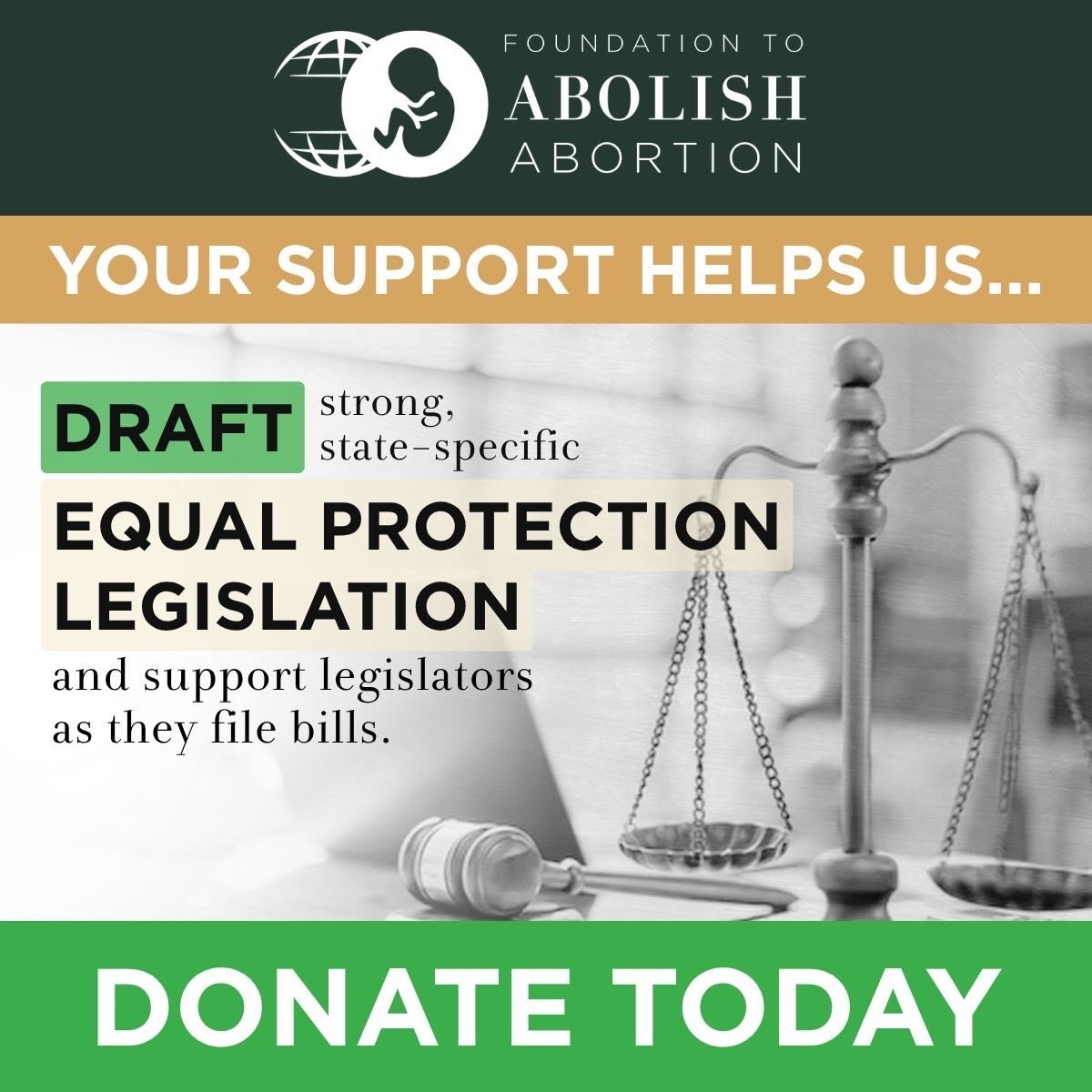 AbolitionistFAA's tweet photo. 🚨 We are getting ready to take the battle for equal protection to the next level.

🔥 Help abolish abortion by making a one-time donation or becoming a monthly supporter!

👉 https://t.co/GL7AVVWgBf https://t.co/wjiCA3Fino