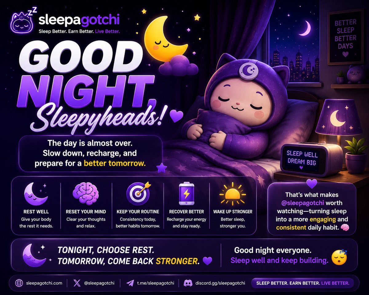 titaniumtalks1's tweet photo. 🌙 Good Night, Sleepyheads! 💜

The day is almost over, and it’s time to slow down, recharge, and prepare for a better tomorrow. ✨

That’s what makes @sleepagotchi worth watching—turning sleep into a more engaging and consistent daily habit. 💤🧠

🌙 Rest well
🧠 Reset your mind
🎯 Keep your routine
⚡ Recover better
💜 Wake up stronger

Tonight, choose rest. Tomorrow, come back stronger. 🌟

Good night everyone. Sleep well and keep building. 😴💜

#GoodNight #Sleepagotchi #SLEEP #Wellness #HealthyHabits #AI #Web3 #Sleep