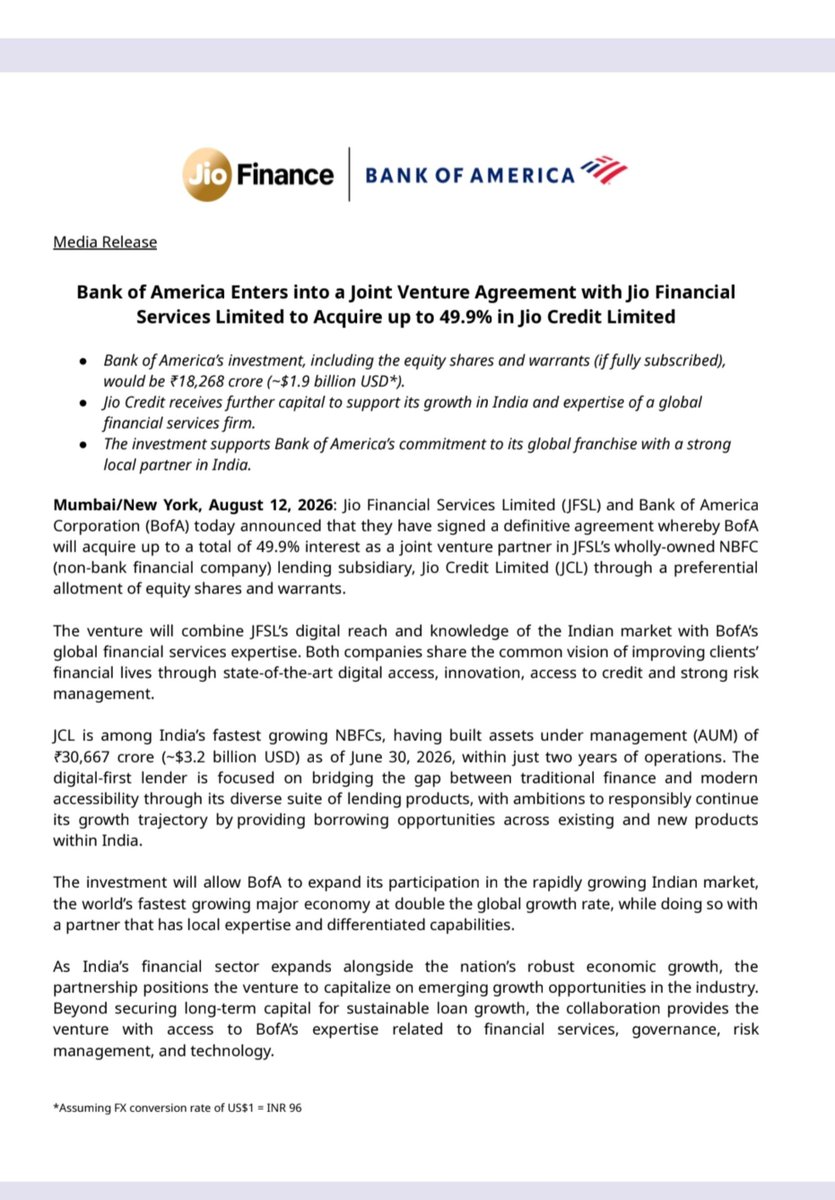yatinmota's tweet photo. BIG NEWS FOR JIO FINANCE 

Bank of America Enters into a Joint Venture Agreement with Jio FinancialServices Limited to Acquire up to 49.9% in Jio Credit Limited

Deal worth over Rs 18,000 crores or $2 billion which will be BofA infusion https://t.co/jfYZzEujzc