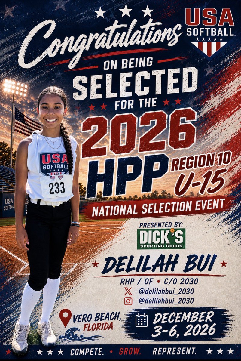 DelilahBui_2030's tweet photo. Got selected to participate in the @USASoftball High Performance Program thats taking place in Vero Beach, FL in December! Excited to compete against other regions!
#classof2030 #AMCookDrew #ndoathletics #chrissyhainespitching #f8outies #212Training
@Softball_Home @fastpitchwatch @SoftbalAmerica @5_recruiting @SunilSportsNews @SoftballRecruit @sballrecruiting @CoastRecruits @YAthletesF @PlayBookAthlete @THEWOWSB @NextPitch_SB @ExtraInningSB @PrepSoftball @LineDsoftball @ondecksoftball @SBRRetweets @TOP_D1RECRUITS @TopPreps @TopPrepPitchers