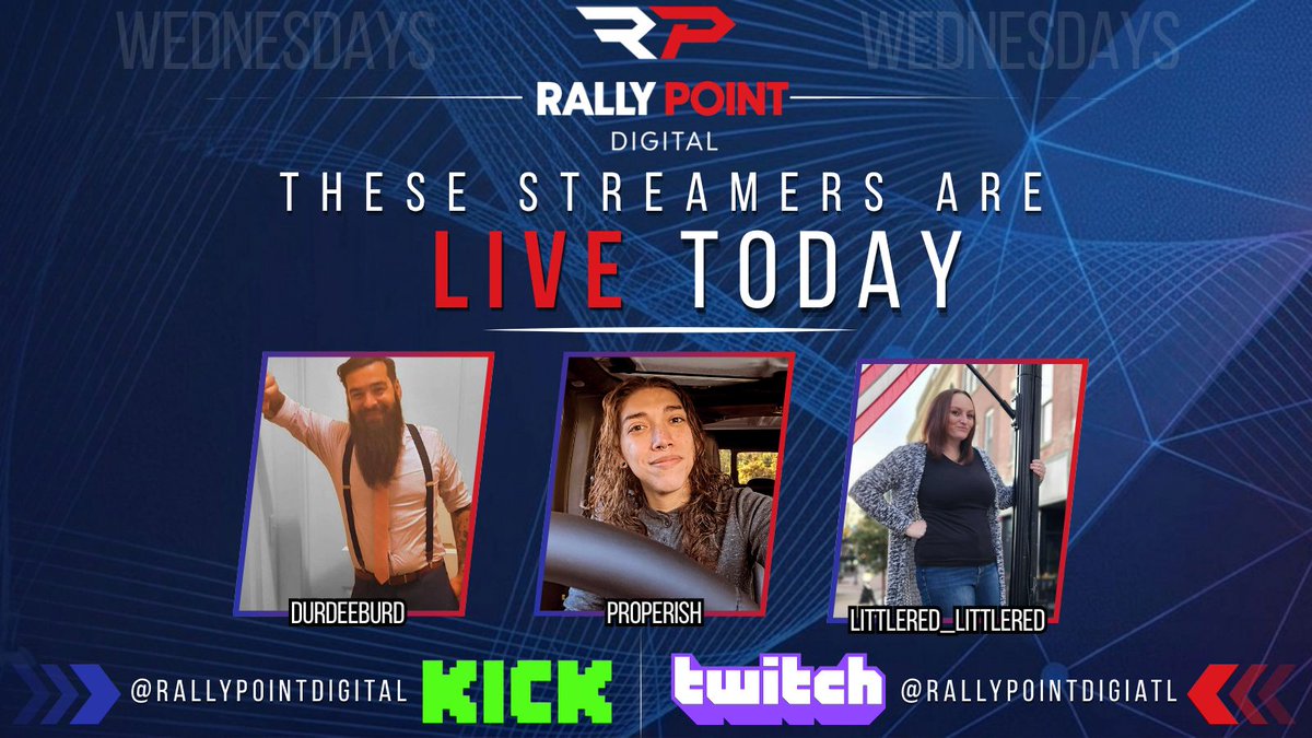 RallyPoint_HQ's tweet photo. Here's today's streaming lineup:

1100 EST — .@Properish

1600 EST — .@DurdeeBurd

2200 EST  — .@Littlered_Littlered

Rally Together. Tune in. Support the squad. This is your Rally Point!
🔗 https://t.co/Iv10uJoe09
🔗 https://t.co/TJYKwGSp8r
#Twitch #Kick https://t.co/1XWM2Uw0TE