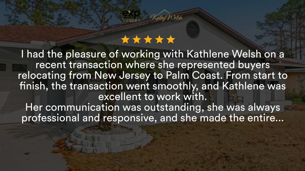KathyWelsh3180's tweet photo. My latest RateMyAgent review in Palm Coast.
Real Estate SL3518182
https://t.co/OXZ1SeZdtp

...
#ratemyagent #realestate #EXP_REALTY_LLC https://t.co/s2R1fp1XjA