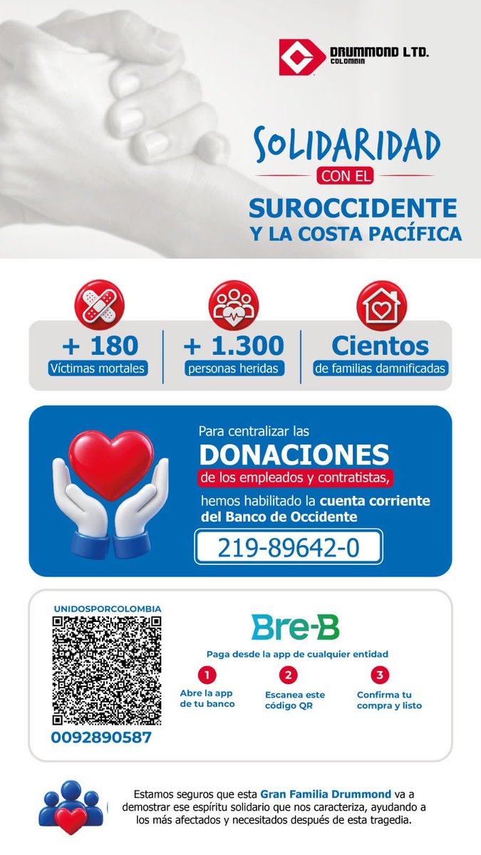DanielT97695315's tweet photo. La solidaridad no se anuncia, se demuestra con hechos. 
Hoy Drummond demuestra que detrás de una empresa hay personas dispuestas a ayudar cuando más se necesita. Fuerza para las familias afectadas. 🇨🇴 https://t.co/8dRG82tLFH