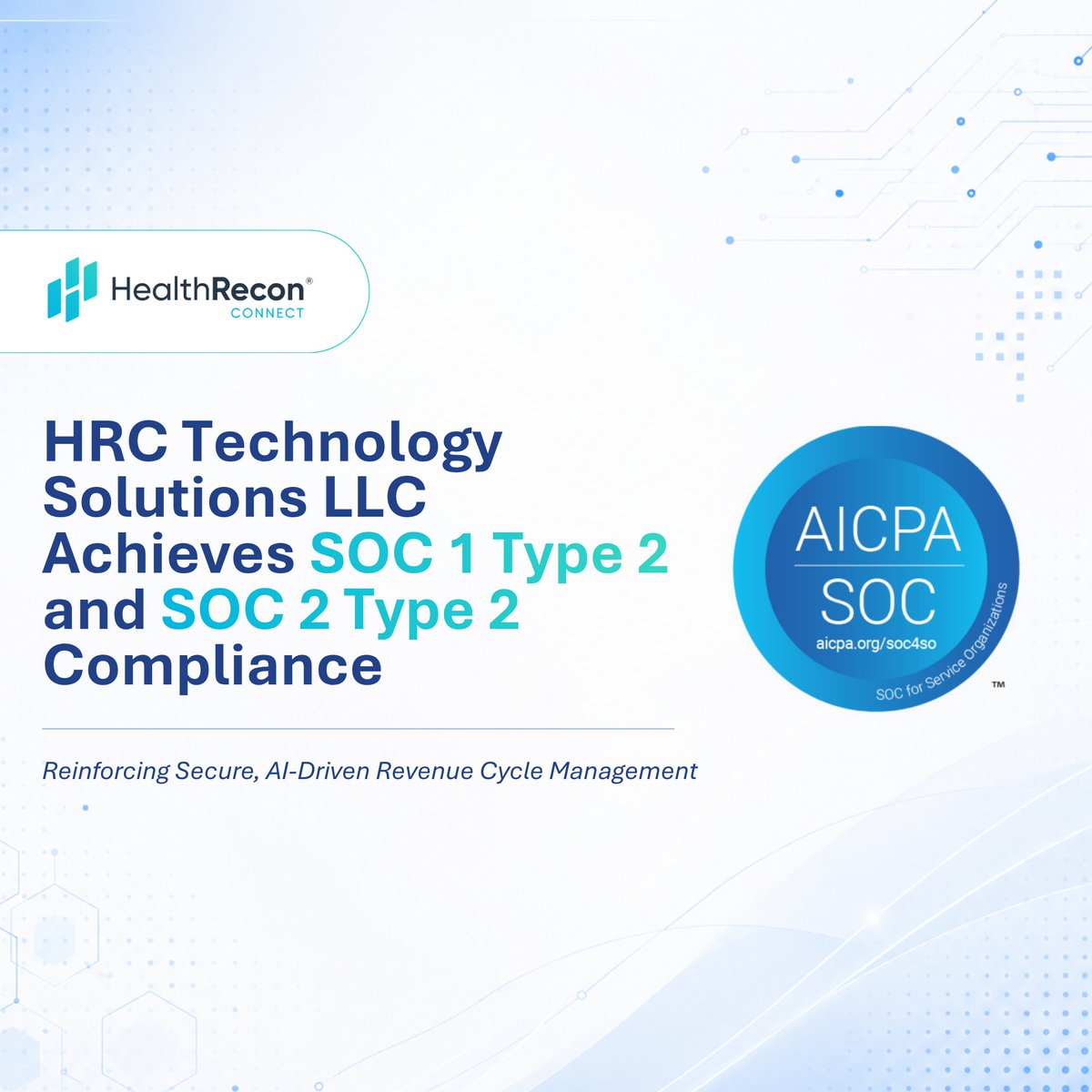 HealthReconPH's tweet photo. HRC Technology Solutions LLC has achieved SOC 1 Type 2 and SOC 2 Type 2 compliance, with our SOC 3 report also available.

Read more: https://t.co/aKcRDLXWAN

#HealthReconConnect #RCM #HealthcareAI #SOC2 #DataSecurity https://t.co/79sMbv3C7P