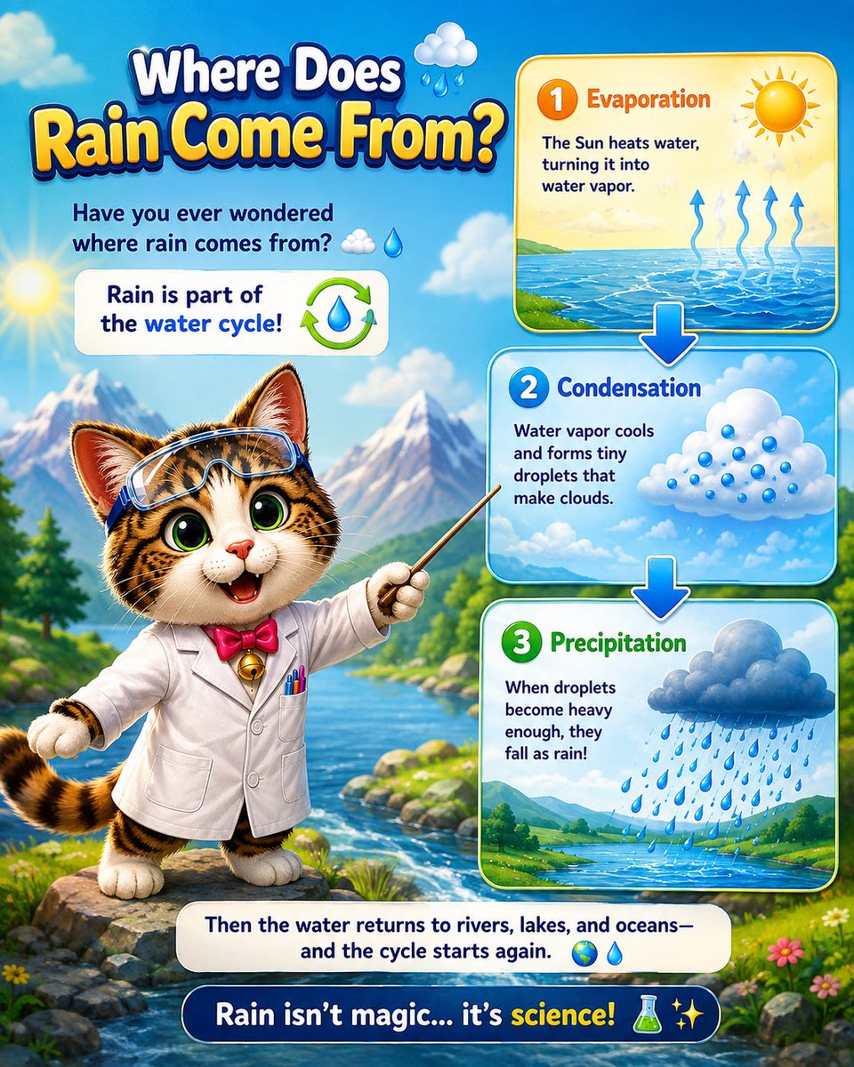 Learnwithsky1's tweet photo. 🌧️ Where does rain come from?

It’s all part of the water cycle! 🌍💧

☀️ Water evaporates
☁️ Vapor condenses into clouds
🌧️ Droplets fall as rain

And the cycle begins again! 🔄

#ScienceTeachers #STEMEducation #PrimaryTeachers #ScienceForKids #TeachersOfEurope https://t.co/aBgLLwjSi1