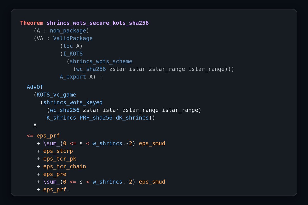 n1ckler's tweet photo. LLMs are used very successfully to find vulnerabilities in Bitcoin software.
Can they also help prove the security of a modern cryptographic library for Bitcoin?

To explore this question, @remix7531 and I are publishing libshrincs.

https://t.co/gWmdh7zwtD

libshrincs is a handwritten C library implementing WOTS+C, the one-time signature used by SHRINCS.
It is a proof of concept and should not be used in production.
Its machine-checked proofs connect the C implementation to an unforgeability theorem.

The current theorem does not yet give a full post-quantum security bound.
The post and review tutorial describe its current limits.

Code and proofs:
https://t.co/GiGcRXVSm3

Review tutorial for the security proof (no Rocq or SSProve background required):
https://t.co/r7748cpphH

@remix7531 has written three excellent posts on the library and verification work:

Towards libshrincs
https://t.co/NsMEGnPcfe

The grind was the only detector
https://t.co/2rBkPj0UpG

Choosing a verification toolchain
https://t.co/jUdPy1DF1B