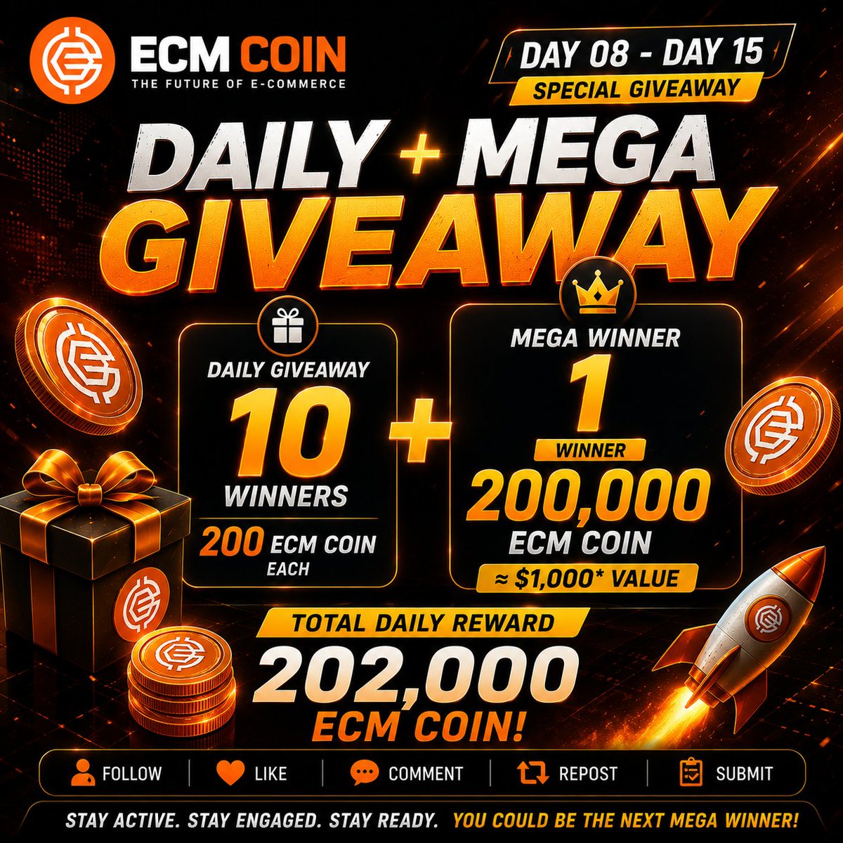 ecmcoin's tweet photo. 🚨🔥 ECM COIN DAY 08 DAILY + MEGA GIVEAWAY IS LIVE! 🔥🚨

Starting today, the ECM Coin Daily Giveaway is getting MUCH BIGGER! 🧡🚀

From DAY 08 through DAY 15, we’re introducing a special MEGA REWARD alongside our regular daily giveaway.

Every day, we will have:

🎁 10 Regular Winners × 200 ECM Coin Each
👑 1 Mega Winner × 200,000 ECM Coin

🔥 TOTAL DAILY GIVEAWAY: 202,000 ECM COIN!

The 200,000 ECM Coin Mega Prize is worth approximately $1,000* at the referenced market price.

🎁 HOW TO PARTICIPATE — DAY 08

To enter today’s giveaway, complete ALL of the following tasks:

✅ Follow our Verified ECM Coin X account

❤️ Like the Day 08 Giveaway Post

🔁 Repost the Day 08 Giveaway Post

💬 Comment exactly: “ECM Coin Day 08”

📝 After completing the required tasks, submit your entry through our official Google Form:

https://t.co/jhCqfnPsM1

🎁 REGULAR GIVEAWAY

🏆 10 Lucky Winners
💰 200 ECM Coin Each
🎁 Total Regular Prize Pool: 2,000 ECM Coin

Participants who correctly complete and submit the required tasks will be eligible for the regular winner selection.

👑 200,000 ECM COIN MEGA WINNER

This is where DAY 08 gets BIG! 🔥

In addition to our 10 regular winners, ONE qualified participant will receive:

🔥 200,000 ECM COIN 🔥
💰 Approximate Value: $1,000*

But the Mega Prize comes with additional requirements.

👑 HOW TO QUALIFY FOR THE MEGA PRIZE

To be eligible for the 200,000 ECM Coin Mega Reward, you must:

✅ Have at least 30 followers on your X profile

✅ Follow the official ECM Coin X account

❤️ Like the official ECM Coin posts published throughout the giveaway day

💬 Leave genuine and relevant comments on those posts

🔁 Repost the official ECM Coin posts published throughout the giveaway day

🔥 Remain genuinely active and engaged with the official ECM Coin X account during the day

✅ Complete all regular Day 08 Giveaway tasks

📝 Submit your information correctly through the official Giveaway Form

⚠️ PLEASE READ CAREFULLY

The Mega Winner requirements are additional to the regular giveaway requirements.

Simply completing the regular giveaway tasks does not automatically qualify you for the 200,000 ECM Mega Prize.

🔍 Before the Mega Winner is confirmed, we will verify the selected participant’s:

• X follower count
• Follow status
• Likes
• Comments
• Reposts
• Giveaway submission
• Overall eligibility

🚫 Fake followers, fake engagement, bots, spam comments, duplicate entries, multiple-account abuse, or unverifiable activity may result in disqualification.

⚠️ One entry per person.

Please complete every task carefully and provide the correct information.

━━━━━━━━━━━━━━━━━━

🎁 10 REGULAR WINNERS
💰 200 ECM EACH

➕

👑 1 MEGA WINNER
🔥 200,000 ECM COIN

= 🚀 202,000 ECM COIN GIVEN AWAY TODAY!

━━━━━━━━━━━━━━━━━━

🔥 DAY 08 starts a whole new level of the ECM Coin Giveaway!

Stay Active.
Stay Engaged.
Stay Ready. 🧡🚀

🏆 You could be our next 200,000 ECM Coin Mega Winner!

*Approximate USD value is based on the referenced ECM Coin market price and may change as market prices fluctuate.

#ECMCoin #ECMGiveaway #MegaGiveaway #Day08 #CryptoGiveaway #ECMCommunity #Web3 #DailyGiveaway