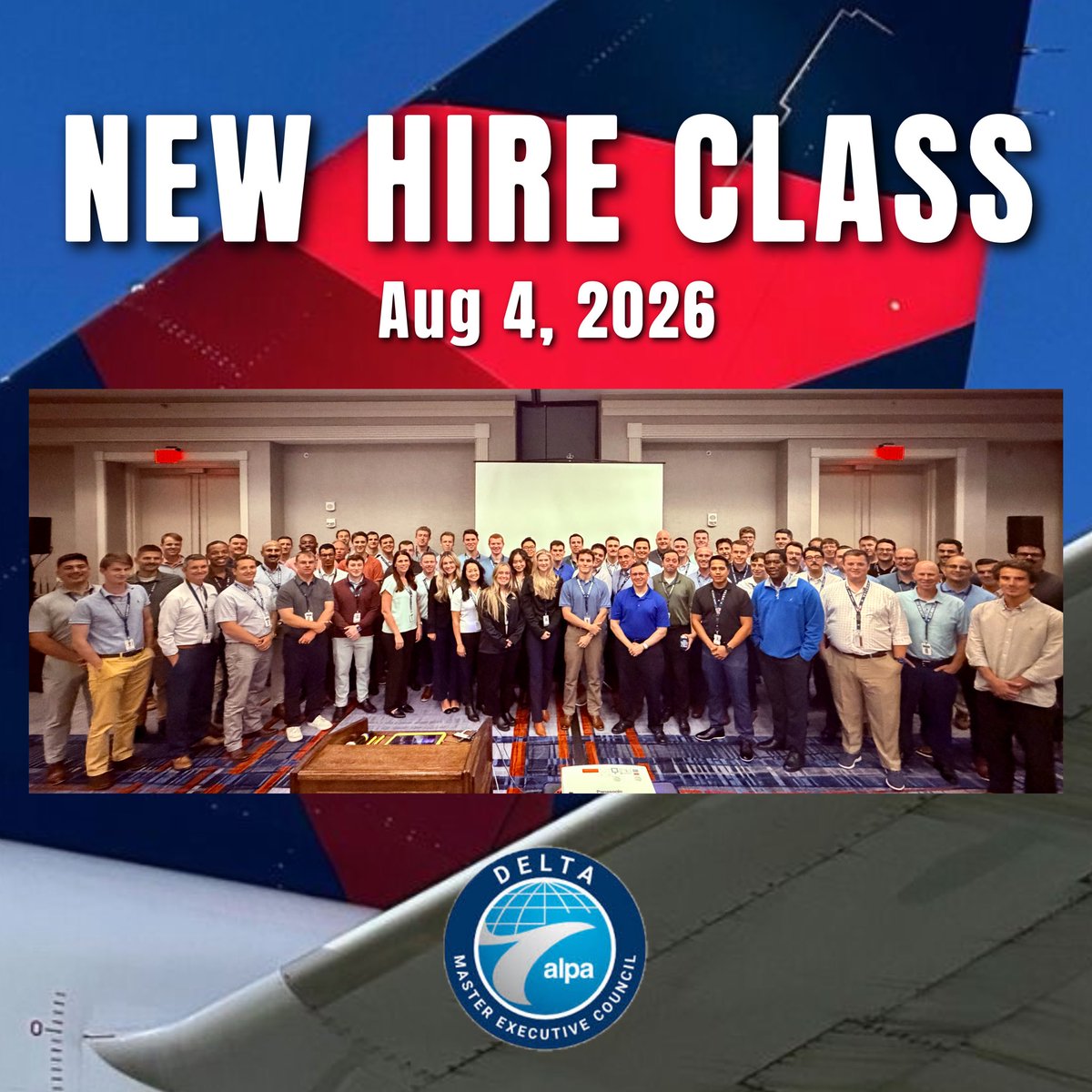 Delta_Pilots's tweet photo. We welcomed 68 new Delta pilots who began New Hire Orientation on August 4.

By the numbers:
• 68 pilots joined this class
• 1,199 pilots hired so far in 2026
• 18,100 pilots now on the Delta seniority list
• 2,168 total new hires projected for 2026

This class brings experience from across the industry, including military aviation, regional and major airlines, cargo carriers, and corporate flying.

Class Snapshot:
• 88% civilian / 12% military (6 USAF, 1 USMC, 1 USN)
• Average flight time: 3,632 hours
• Flight time range: 1,550–11,300 hours
• Average age: 33 (youngest 24, oldest 56)
• 29% came from ALPA-represented DCI carriers

Our newest pilots received awards across ATL, DTW, MSP, NYC, SEA, and SLC, flying the A220, A320 family, 717, 737, and 767 fleets.

Thank you to the volunteers, staff, and New Hire Orientation Team who helped welcome our newest union members.

And the hiring continues: the next class began Indoc on August 11, with their ALPA New Hire Briefing scheduled for August 18.

Welcome to the Delta pilot group. Fly safe, and we’re proud to have you with us.