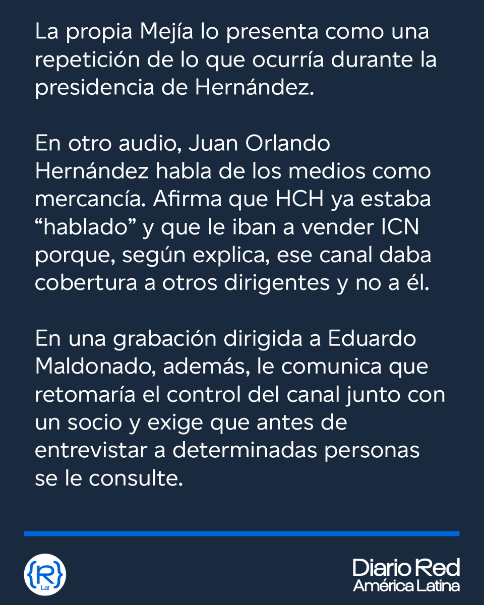 DiarioRedAmLat's tweet photo. 🇭🇳 EXCLUSIVA | Nuevos audios de Hondurasgate: Juan Orlando Hernández buscó comprar los medios de comunicación más vistos de Honduras

Audios revelan el control de Juan Orlando Hernández en los medios de comunicación más influyentes de Honduras

✍ Hondurasgate

https://t.co/cujBGsPs7n