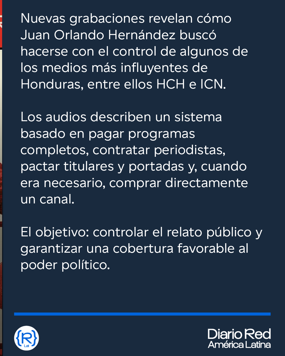 DiarioRedAmLat's tweet photo. 🇭🇳 EXCLUSIVA | Nuevos audios de Hondurasgate: Juan Orlando Hernández buscó comprar los medios de comunicación más vistos de Honduras

Audios revelan el control de Juan Orlando Hernández en los medios de comunicación más influyentes de Honduras

✍ Hondurasgate

https://t.co/cujBGsPs7n