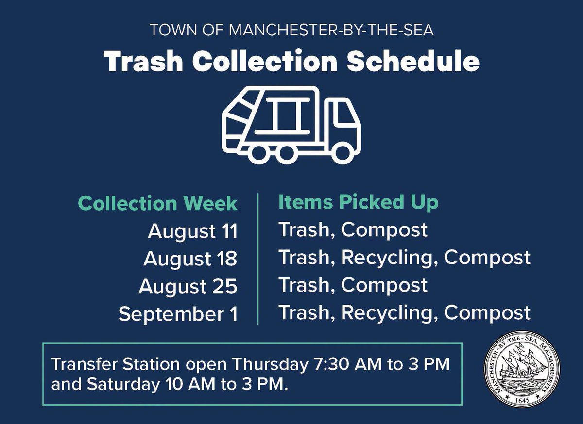 TownofMBTS's tweet photo. Reminder! The new collection schedule began in August and is in . Collection days are Tuesday and Wednesday. Trash and compost are collected weekly and recycling bi-weekly. 

The new automated barrels will be delivered to each participating address in September. Date TBA. https://t.co/5BuoYYTgJ0