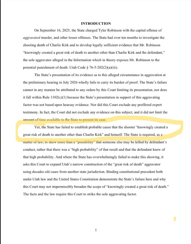 RavenGrace0613's tweet photo. I know everyone's already seen many, many posts on the defense position that dropped.  I want to focus on a couple items.  

- The defense has never given an alibi to where Tyler was.  I have never heard one person say I was with Tyler in those 33 hours so it couldn't have been him.  Or here is metadata from his phone showing he was in another location.  Or here is surveillance footage showing him in a different place.  Not once has the defense actually given a different version of what Tyler was doing during the time the Prosecution has laid out that he shot Charlie.

- The defense in this record spent most of the response on why it shouldn't be a death penalty case.  That there were no aggravating factors for it to be one.  

- The defense acknowledges the shot from the roof top, the gun, the bullets and the text exchanges.  Not once did they say that Tyler wasn't the one that shot him, or that it wasn't his gun, or it wasn't his texts.   Not one time did the say the evidence wasn't true.

- The defense in part to say there were not aggravating factors said Tyler couldn't have known he could have hurt someone if he missed Charlie.   That he couldn't have known someone might be behind the tent.  And there was a gap between Charlie and anyone near him.  I have to call BS on that one.  You have 3000 people there anything could have happened.

- The defense says the charge of committing it in front of children under 14 should be thrown out because Tyler couldn't have known children under 14 could be there.  He never saw a kid while walking around and that he couldn't have seen one from the roof top.  Not that Tyler wasn't there but he didn't see any kids.  That's insane.  

- That they shouldn't be charging Tyler with the Tampering with witness charge because Tyler was giving Twiggs good advice.   Not that Tyler didn't have that conversation, but that Tyler was just giving good advice.  

- The defense stated Twiggs is a trans and that Tyler and him were in love.  But that didn't mean Tyler killed Charlie because of Charlies views so therefore Tyler didn't target Charlie over Charlies views and the Victim targeting enhancement should be thrown out.

Again, nowhere in these documents do they say Tyler didn't do it.   Tyler was at a picnic in the park with his grandmother.  They rely only on that it shouldn't be a death penalty case, that the charge for in the presence of minors be thrown out, the charge of witness tampering be thrown out, etc.  

I may be wrong, but I think we will see a plea deal if the judge says we are going to trial and the prosecution will give him one.