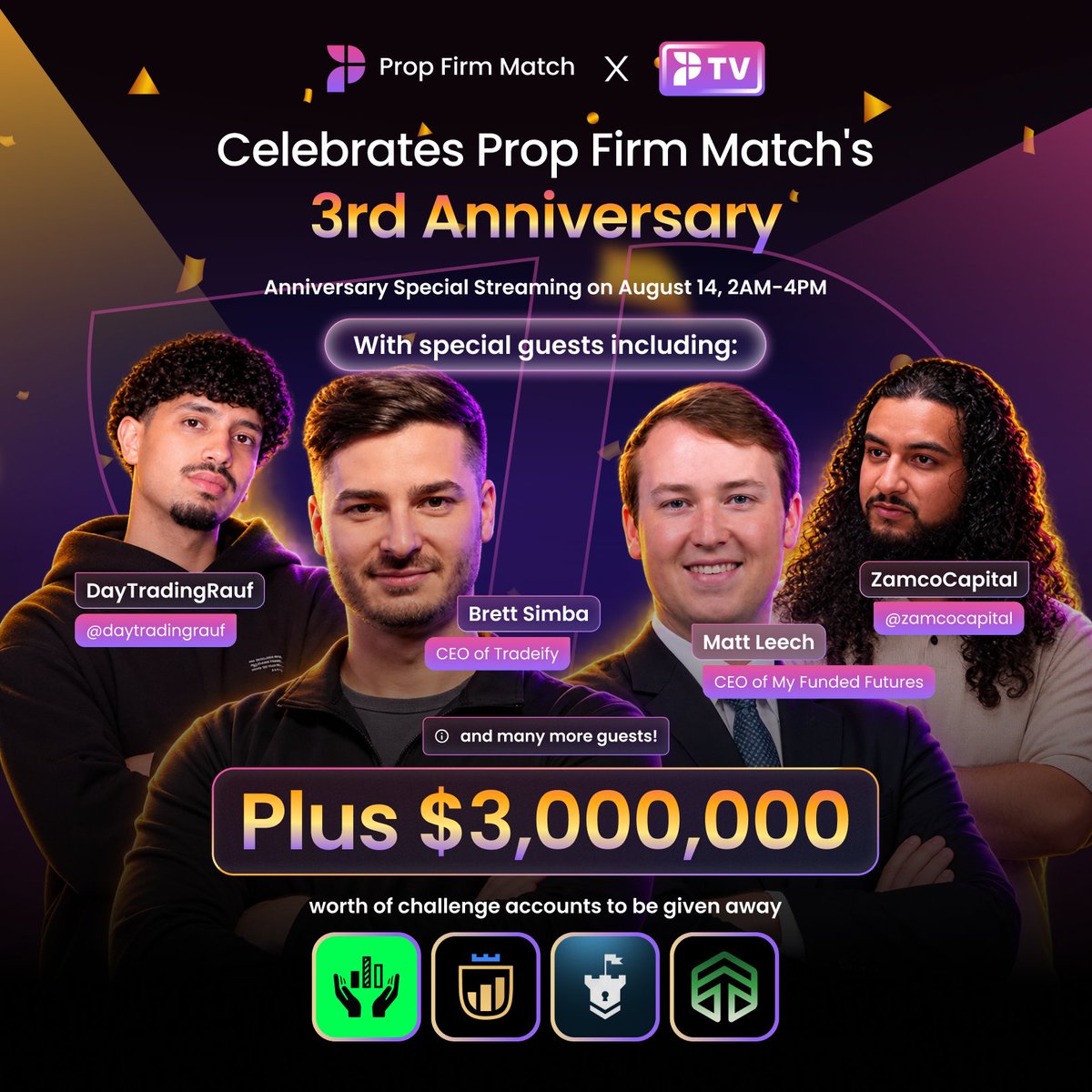 PropFirmMatch's tweet photo. With our 3rd anniversary fast approaching, we are excited to announce that @propfirmmatchTV will be hosting a special stream on August 14 from 2AM-4PM.

Get a chance to win from from a prize pool of $3M worth of challenge accounts plus learn from the top futures firms' CEOs! 

Don't miss the stream 📺