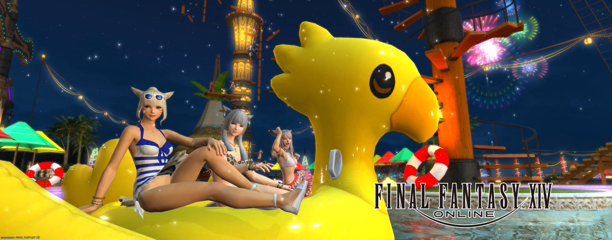 Tu_ff14's tweet photo. 今年のナイトプール！！！
大砲乗ったら（？）１人だけ違うところ連れていかれたの面白かった🦢 https://t.co/Kcc5ku7dru