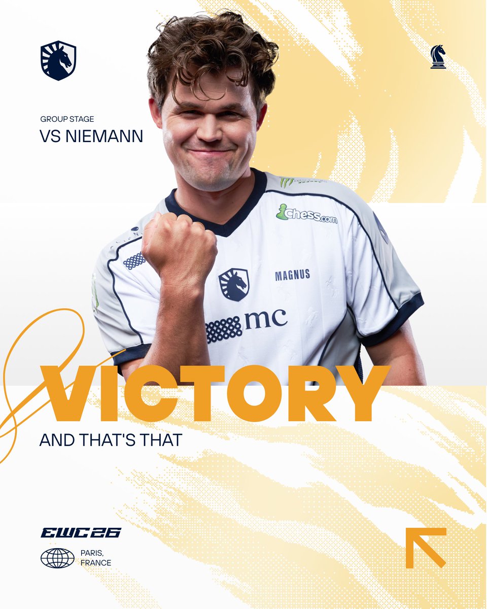 TeamLiquid's tweet photo. GGs. Nothing else to add 🍿
@MagnusCarlsen handles business against Hans Niemann, securing his place in the #EWC26 Playoffs!

#TLWIN https://t.co/NzB2U6O8ZJ