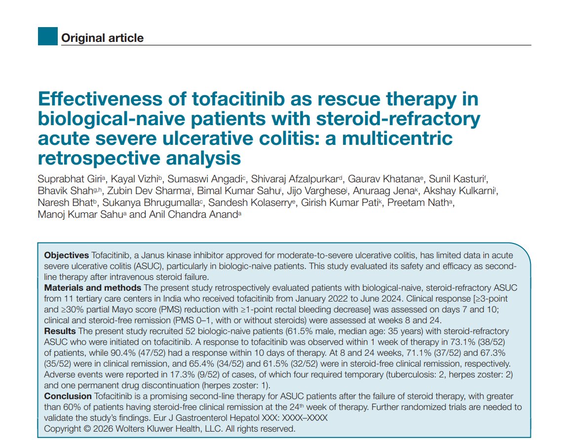 giri_gutnliver's tweet photo. Sharing 2 of our recently published articles - an original article on Tofa in bio-naive ASUC &amp; a NMA of advanced therapies in bio-experienced UC, suggesting higher efficacy of JAKi...Oral small molecules are a boon for resource constrained setups...Grateful to all collaborators https://t.co/eD3IpQHeD3