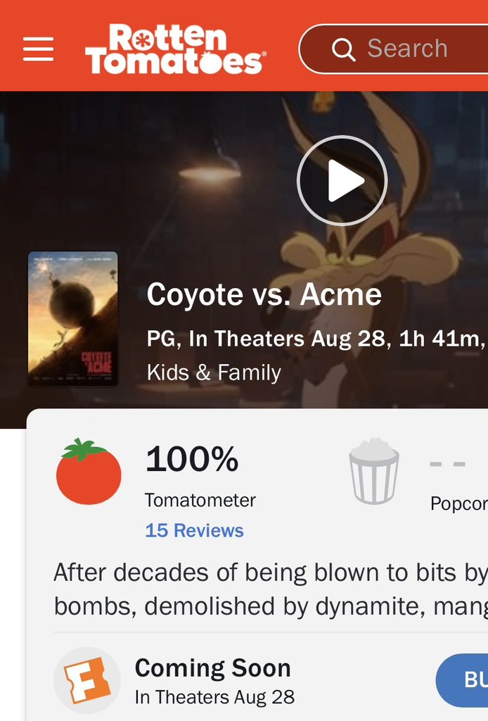 DiscussingFilm's tweet photo. ‘COYOTE VS ACME’ debuts with 100% on Rotten Tomatoes.

Read our review: https://t.co/9ReEoZsJVu https://t.co/G2v9AtI1C3