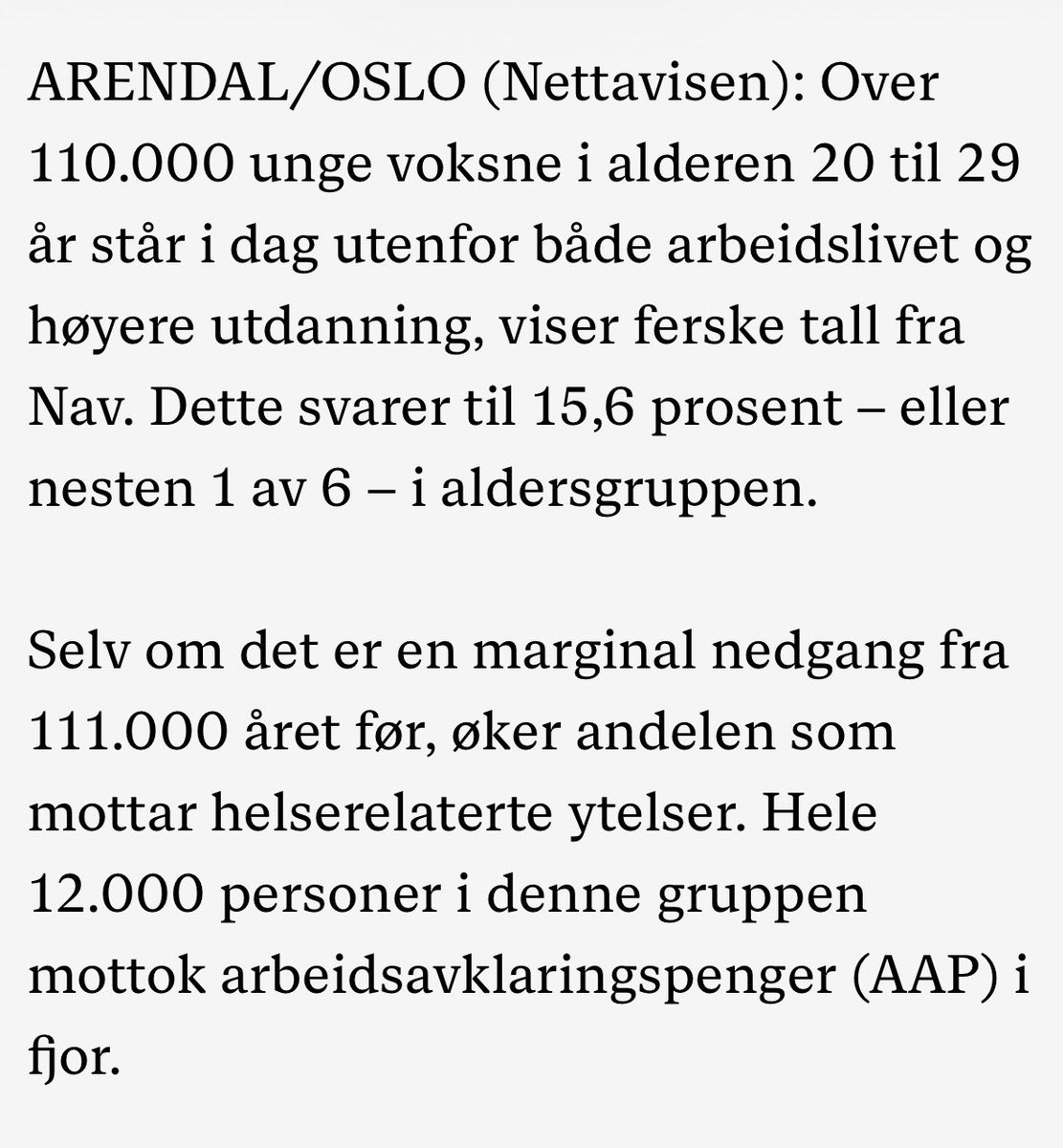 jabbidabbadoo's tweet photo. Norge er kjørt. 15% av aldersgruppen 20-29 er ikke i arbeid eller utdanning. https://t.co/cxaMMC2ahO