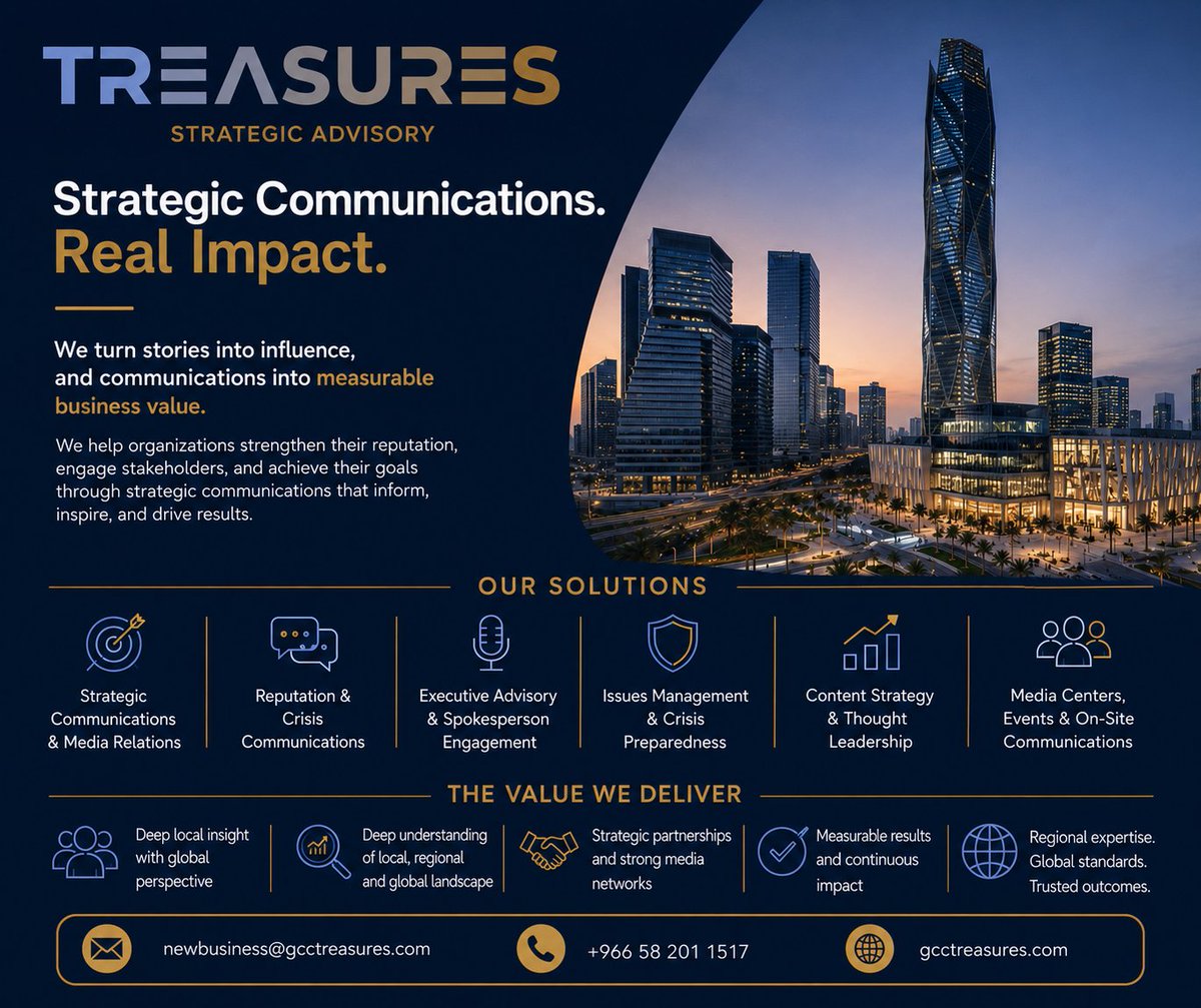 Treasuresad's tweet photo. At Treasures Strategic Advisory, we help organizations move beyond visibility to build influence, trust, and long-term reputation.

Contact us now:
newbusiness@gcctreasures.com
#Treasures #StrategicCommunications #PublicRelations #CorporateCommunications #MediaRelations https://t.co/VbsUBh6qm6