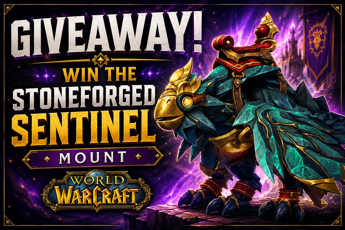 PapaFinch's tweet photo. 🎉 GIVEAWAY: Stoneforged Sentinel Mount! 🎉

To celebrate Patch 12.1.0 Curse of Ula’tek (out now — Aug 11, 2026), I’m giving away a mount key!

To enter:
✅ Follow @papafinch 
✅ Like this post
✅ Comment what class you’re maining right now

Winner picked Aug 18. Good luck, adventurers!

#WoW_Partner #WorldofWarcraft
