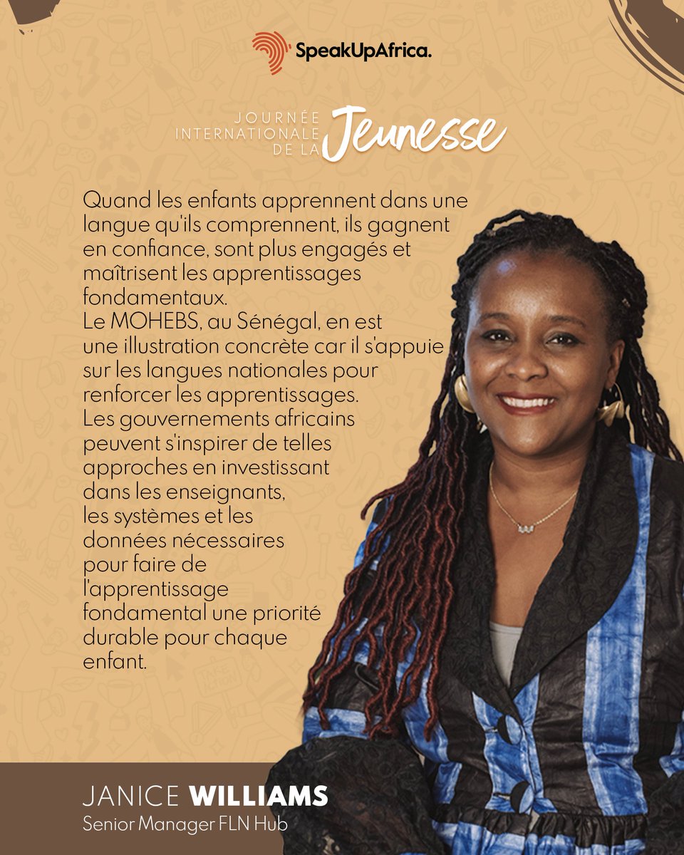 SpeakUpAfrica1's tweet photo. Apprendre dans sa langue change tout. 
Le #MOHEBS le prouve au Sénégal. Pour la #JournéeInternationaleDeLaJeunesse, 3 voix, Astou Fall, Seydina Omar Traoré, Janice Williams, partagent leur regard sur l'apprentissage fondamental en Afrique. #ODD4 #ApprentissagesFondamentaux https://t.co/6Cl9ulwNVj