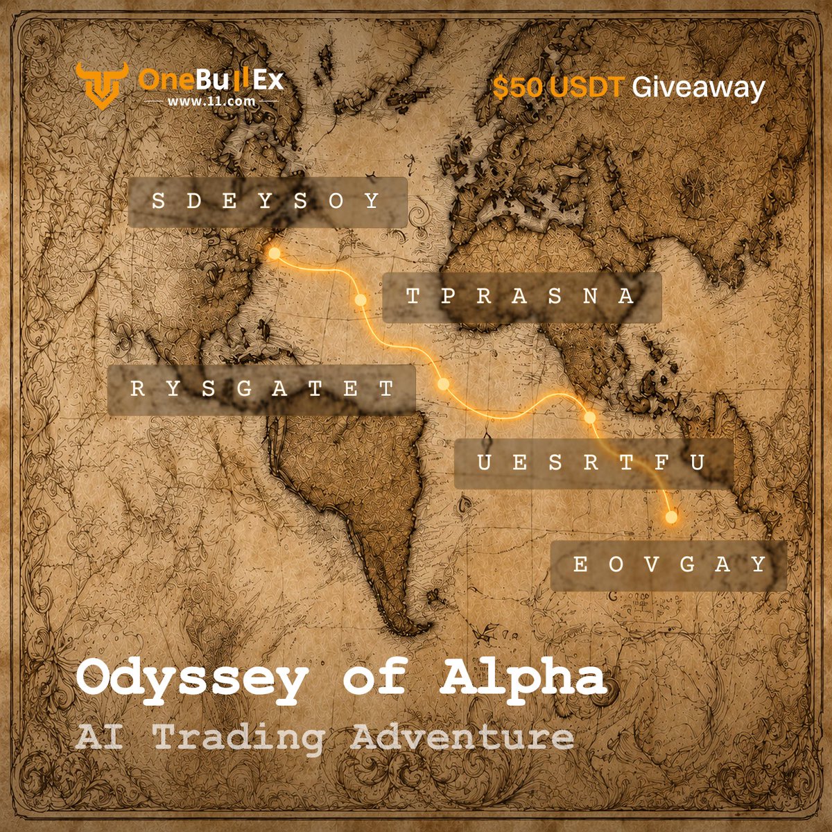 One_BullEx's tweet photo. ⚔️ Odyssey of Alpha 🏛️

The journey begins. We’ve hidden 5 key words across our AI Trading Odyssey. Can you decode them all? 🔍

🧩 5 Winners × 10 USDT

How to participate:
👉 Follow @One_BullEx & @OneBullExBrasil 
🔁 Like + Repost
💬 Comment your answers

Decode. Navigate. Conquer. ⚔️
Good luck, Spartans. 🛡️

#OneBullEx #300Spartans #AITrading #Cryptogram #Giveaway