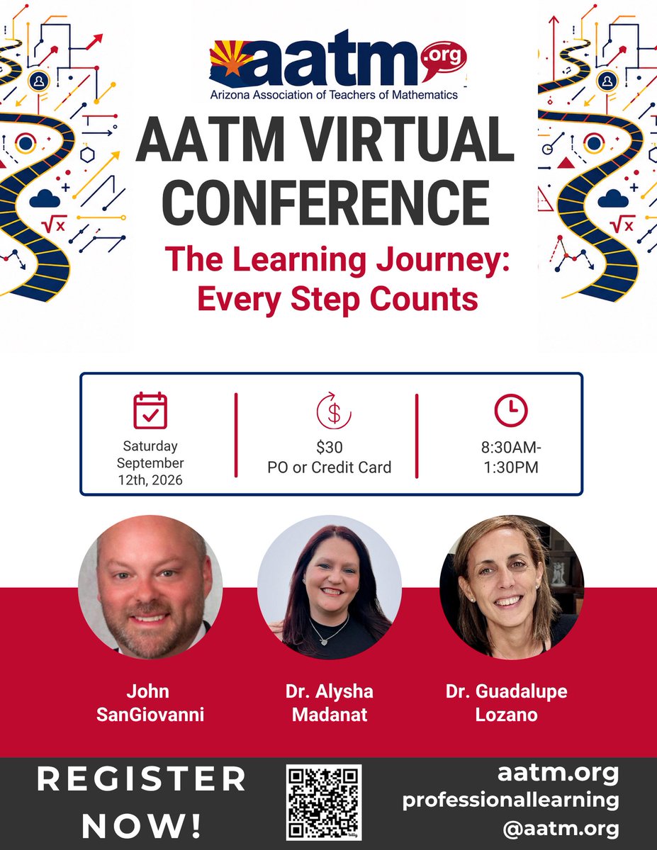 aatm_az's tweet photo. 🌟AATM Virtual Conference 2026, featuring nationally recognized mathematics education leaders John SanGiovanni, Dr. Alysha Madanat, and Dr. Guadalupe Lozano.
📅 September 12, 2026
💻 Virtual Conference
💲 Only $30
🔗 Register now: https://t.co/2BWz6SJrZo
#AATM #MathTeachers https://t.co/CDa2OVgA4A