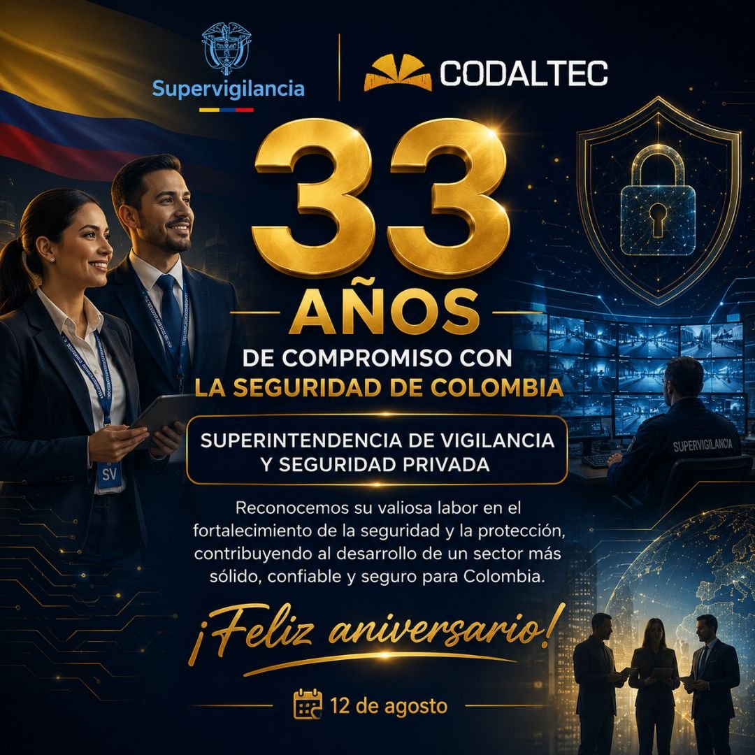 Codaltec's tweet photo. 🎉 Felicitamos a la @SuperVigilancia por sus 33 años de trayectoria, compromiso y servicio al país. 

Reconocemos su valiosa labor en el fortalecimiento de la seguridad y protección de Colombia. 🇨🇴

¡Feliz aniversario! 🎊

#CODALTEC #Supervigilancia #33Años #Colombia https://t.co/o3doVzkMuZ