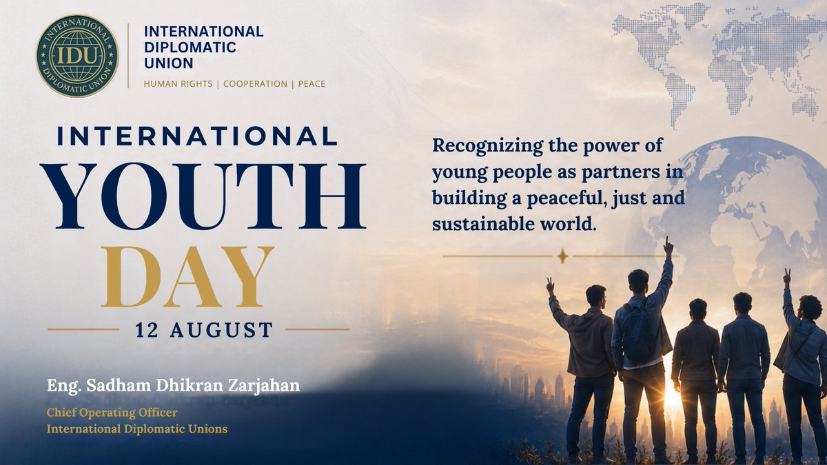 IDU_org's tweet photo. �� Official Statement | International Youth Day

Eng. Sadham Dhikran Zarjahan, COO of IDU, highlights the role of young people in building a peaceful, just, and sustainable future.

Read the full statement:

https://t.co/Ec5DjXp9lA

#InternationalYouthDay #YouthEmpowerment #IDU https://t.co/4ljZRuVZyF