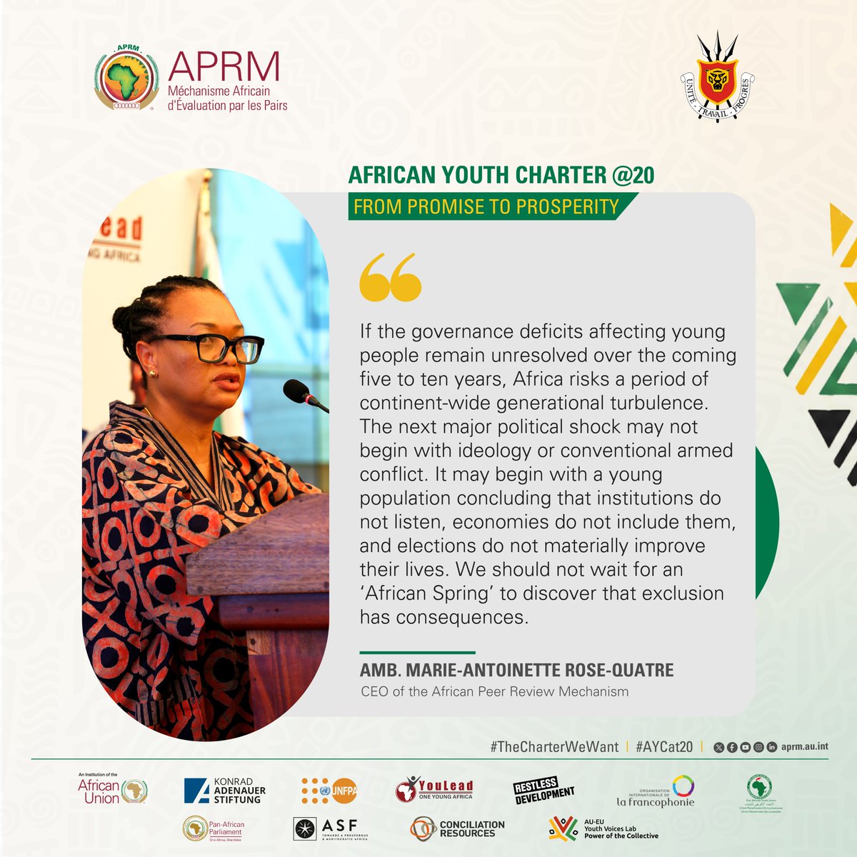 APRMorg's tweet photo. Carrying forward the spirit of the African Youth Charter @20: From Promise to Prosperity Side Event, Amb. Rose-Quatre called on young people to keep asking hard questions, demand results and take their place in shaping the institutions that serve them.

#AYCat20 #TheCharterWeWant https://t.co/bbkEd6l2fA