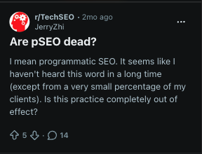 matosdfm's tweet photo. If you think programmatic SEO is dead you might just be doing it wrong.

I have several pSEO pages and I still get traffic from them. More: they also bring in mentions from LLMs.

But I think most people fail here:

I can afford this strategy because Ecommerce Leads has the most detailed e-commerce database in the world.

Meaning I can quite literally write content no one else can. So the pages actually rank!

pSEO is not a silver bullet for growth, you need to find your unique angle to make the pages actually rank otherwise you'll (obviously) not rank.