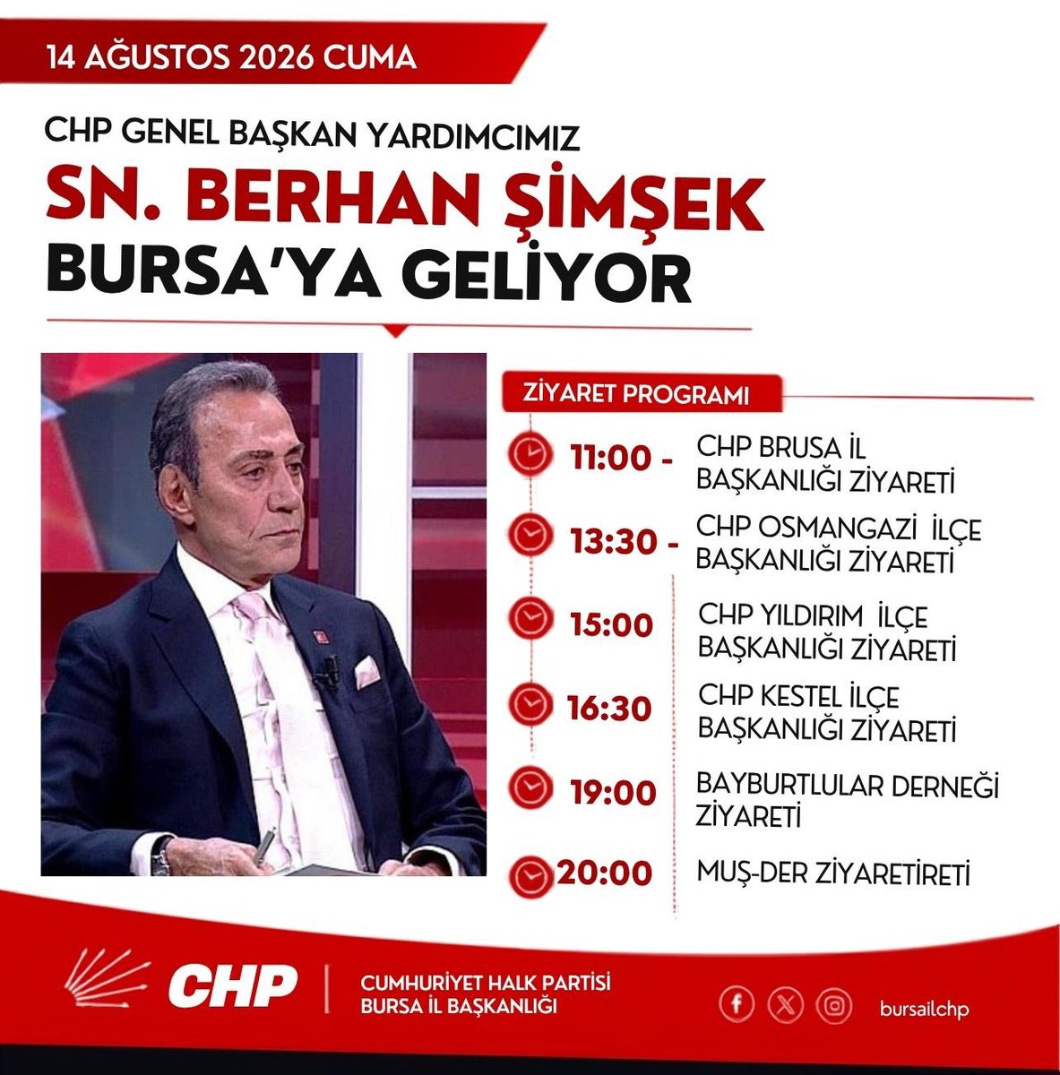 Berhansimsek's tweet photo. 14 Ağustos Cuma günü, yeşil ve kadim şehrimiz Bursa’da örgütümüzle ve kıymetli hemşehrilerimizle kucaklaşıyoruz!
​İl Başkanlığımızdan başlayarak Osmangazi, Yıldırım ve Kestel ilçe örgütlerimizle buluşacak; akşam saatlerinde ise sivil toplum kuruluşlarımızla (Bayburtlular Derneği ve Muş-Der) bir araya geleceğiz.
​Ata Ocağımızın sarsılmaz inancıyla, omuz omuza mücadelemizi büyütmek için geliyoruz. Görüşmek üzere Bursa! 🇹🇷��️
​#Bursa #CHP