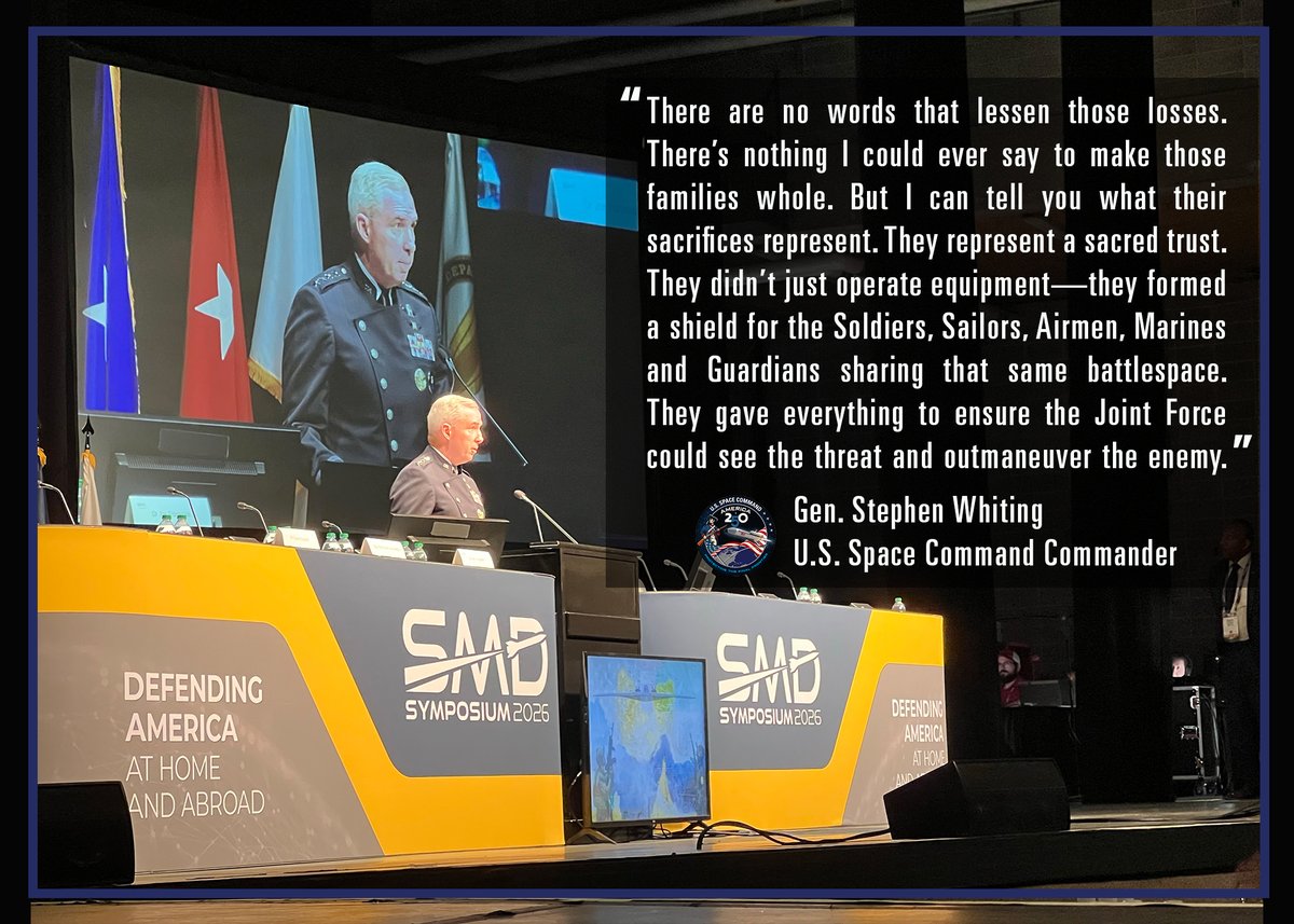 US_SpaceCom's tweet photo. "Our moral responsibility isn't just to remember them; it's to fight with that exact same resolve." - Gen. Stephen Whiting, #USSPACECOM commander, at #SMD2026 https://t.co/hii8C1MKpa