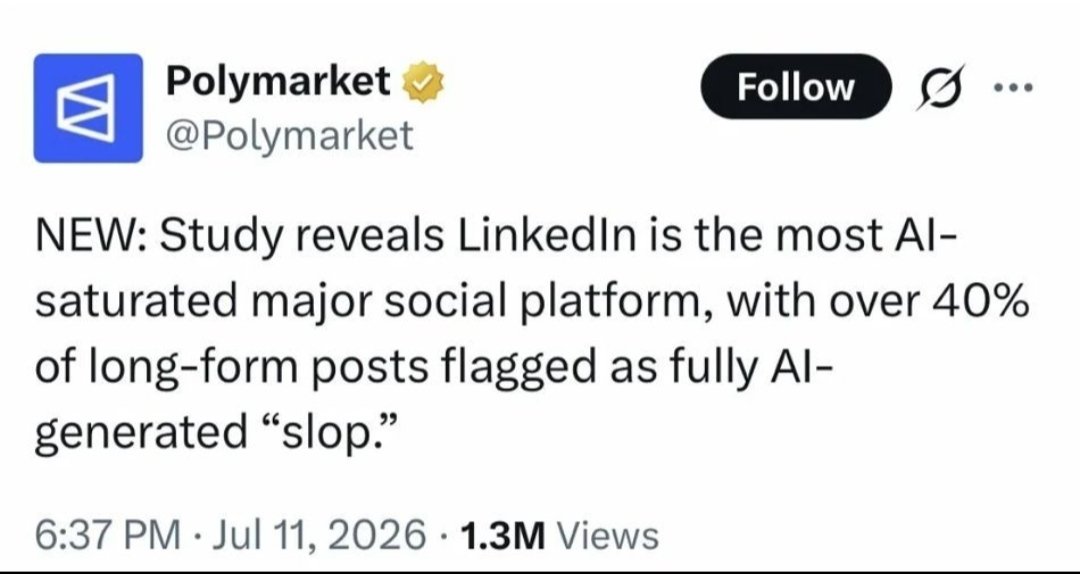 Buildyrnetwork's tweet photo. LinkedIn is 40% AI-generated content.
 
The problem isn't AI.

It's everyone starting to sound the same.

Maybe networking needs fewer posts and more real reasons to connect.

That's what we're building BYN. https://t.co/xOQOLirunC
