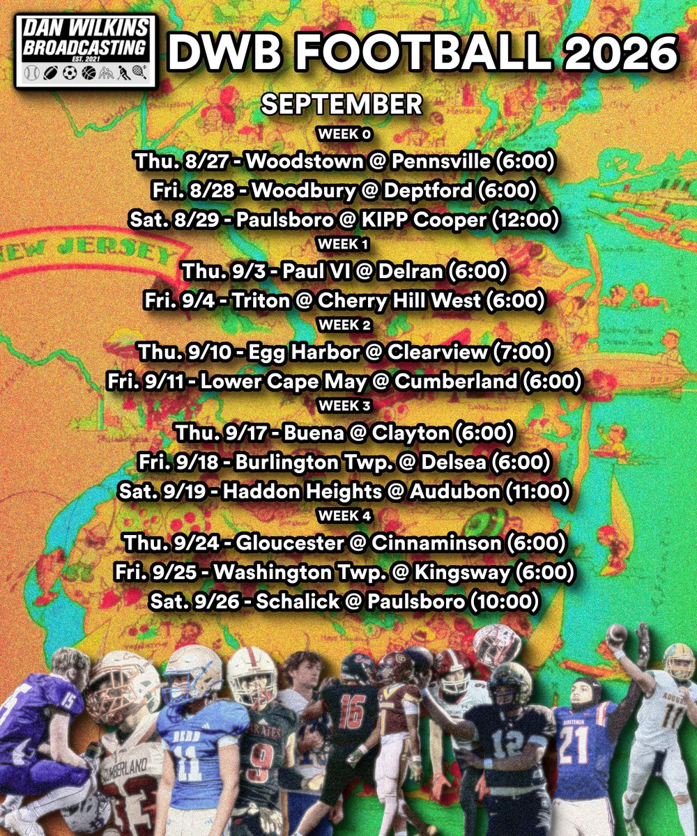 DWBroadcasting's tweet photo. South Jersey went 5-for-5 at Rutgers last year. Who says they can't do it again?

Join us on the2026 football trail this fall, kicking off a 25-game schedule with a classic Salem County rivalry at @PMHSAthletics .

Where will you catch us on the gridiron?

#DWBroadcasting https://t.co/XHsJxuunXV