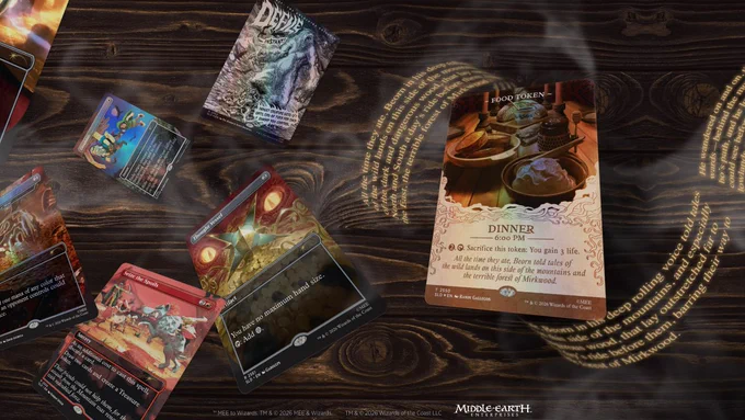 The image features many cards from A Marvelous Mathoms\u2122 Superdrop scattered across a wooden background. The cards are surrounded by five lines of text containing excerpts from The Hobbit books.\u200B