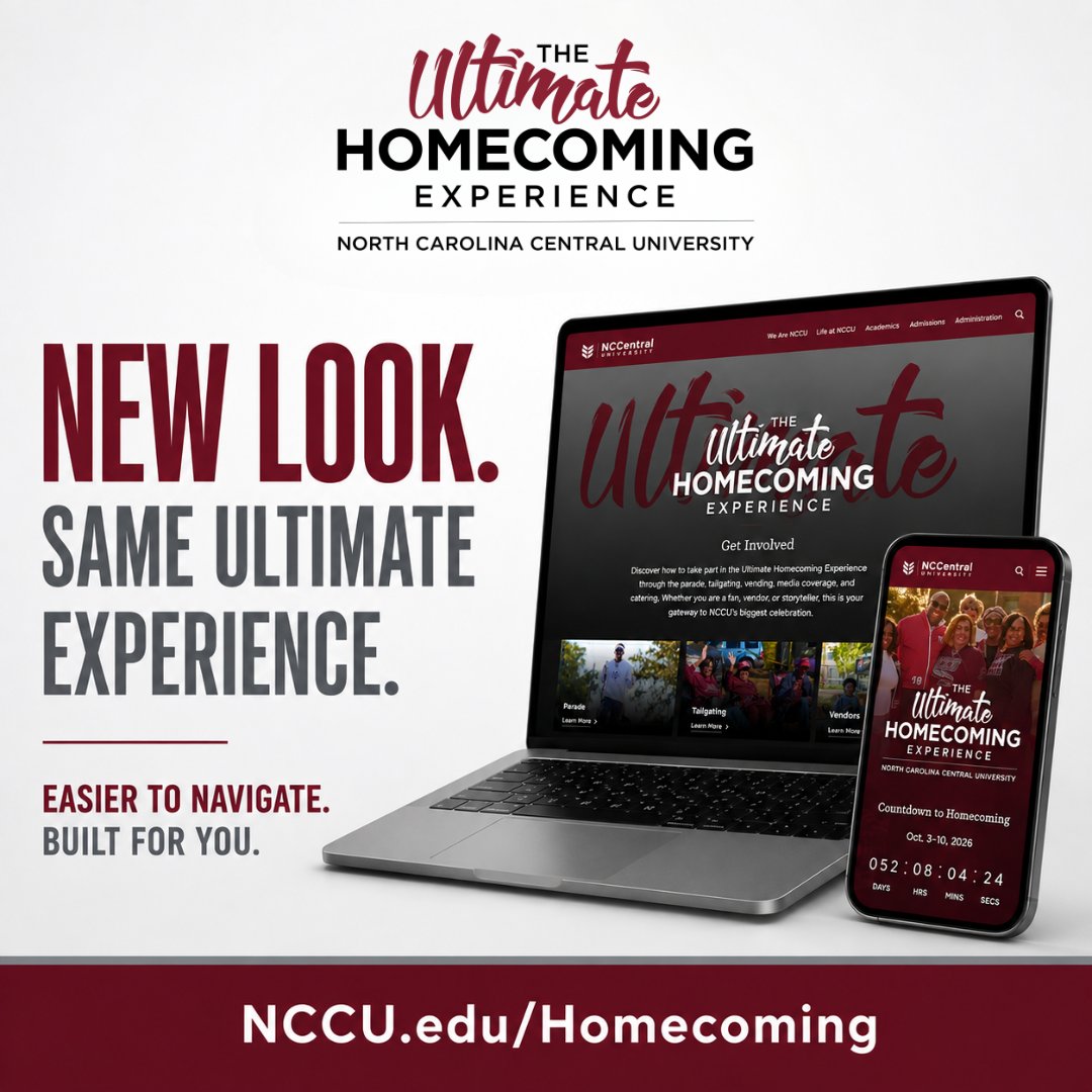 NCCULife's tweet photo. NEW LOOK. SAME ULTIMATE EXPERIENCE. The #NCCUHC website has been redesigned!

Explore events, get involved, find important updates and start planning for The Ultimate Homecoming Experience, Oct. 3–10, 2026.

💻 https://t.co/wNgHDd9wyI

#NCCUHC26 #NCCULife #WeAreNCCU #EaglePride https://t.co/8IUlJSYSdR