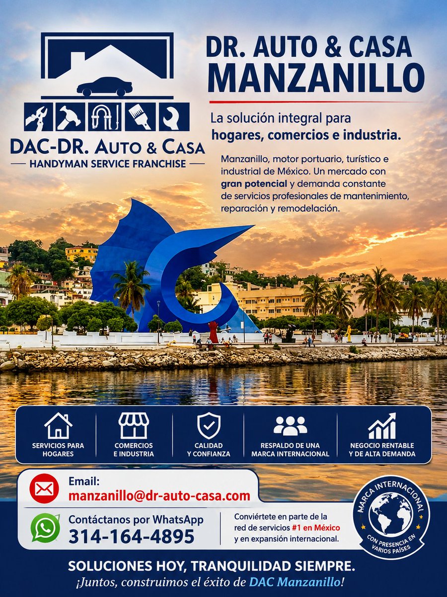 DrAutoCasa's tweet photo. ¡CON MUCHO ÉXITO COMENZAMOS DR. AUTO &amp; CASA MANZANILLO!

Manzanillo@dr-auto-casa.com
WhatsApp: 314 164 4895

#DrAutoCasa #DrAutoCasaManzanillo #Manzanillo #Colima #Servicios #Mantenimiento #Inmobiliarias #Hoteles #Comercios #Empresas #PropertyManagement #Emprendimiento https://t.co/4366jkGM9W