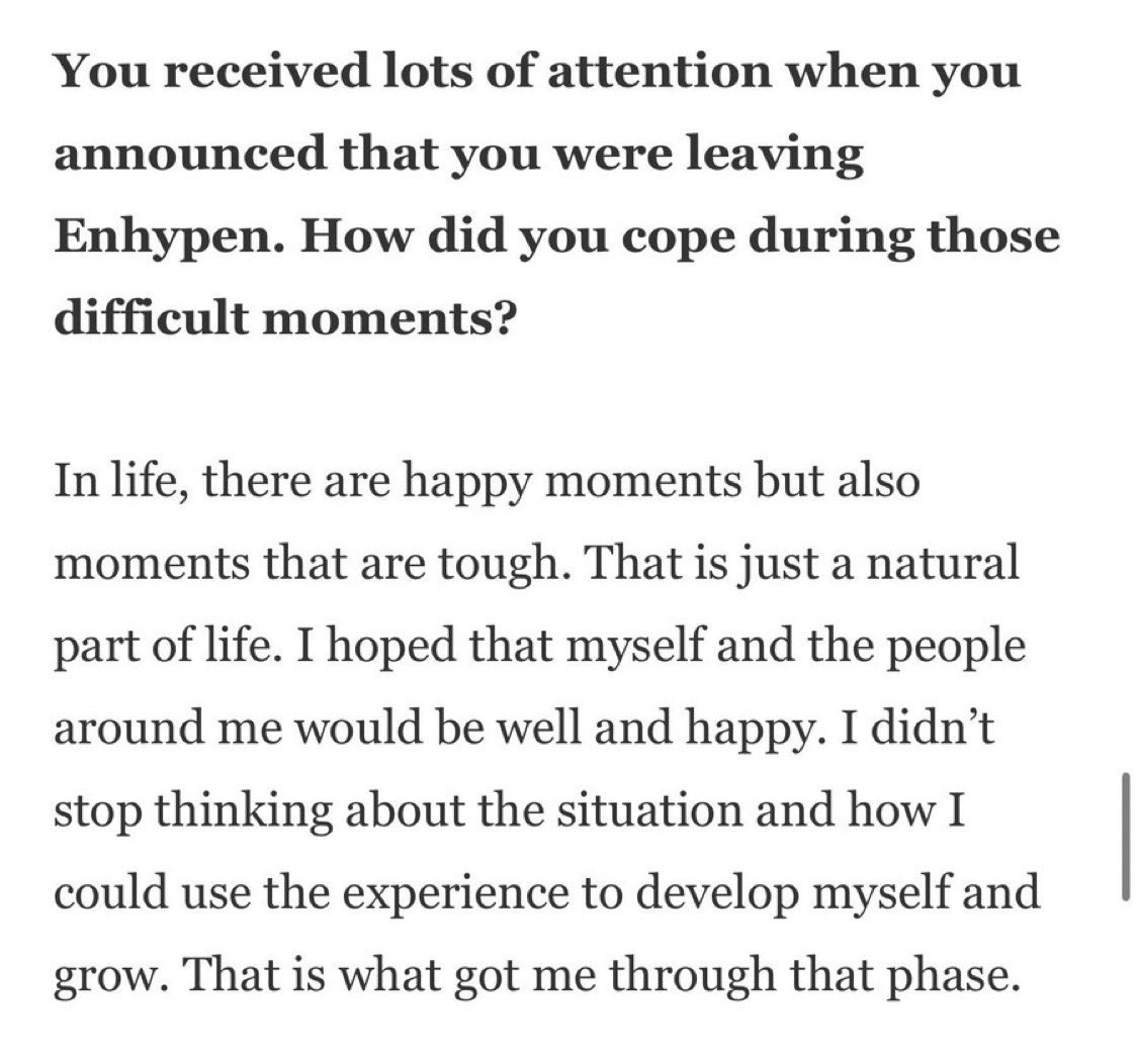hsngpilled's tweet photo. oh heeseung ☹️ i wanna give him the biggest hug 

💬: you received lots of attention when you announced that you were leaving Enhypen.
💬: how did you cope during those difficult moments? 

🦌: in life, there are happy moments but also moments that are tough. that is just a natural part of life. 
🦌: i hoped that myself and the people around me would be well and happy. 
🦌: i didn’t stop thinking about the situation and how i could use the experience to develop myself and grow. that is what got me through that phase.