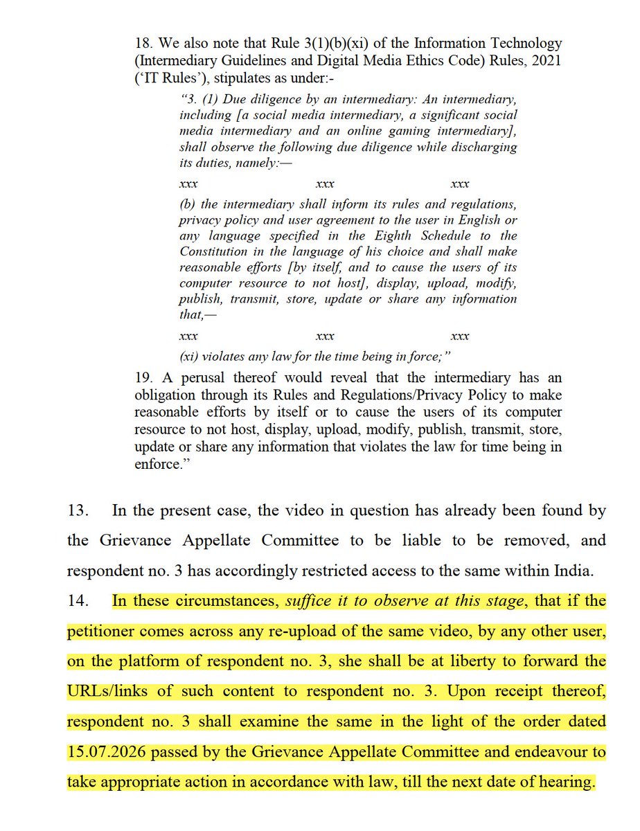 SachdevaAmita's tweet photo. Grateful to the Hon’ble Delhi High Court

We express our deep gratitude to the Hon’ble Delhi High Court for the order dated 11.08.2026 in W.P.(C) 8617/2026.

The Hon’ble Court has noted that Google/YouTube has restricted access to the offending video by Dhruv Rathee (“Can Hindus Eat BEEF? | Kerala Story 2 EXPOSED”) within India, in compliance with the Grievance Appellate Committee’s binding direction dated 15.07.2026.

Importantly, the Court has further directed that if any re-upload of the same video is found on YouTube by any other user, the petitioner may forward the URLs/links to Google. Upon receipt, Google shall examine the same in light of the GAC order and take appropriate action in accordance with law.

This ensures meaningful compliance and upholds the rule of law.

No one is above the law.
@SanatanPrabhat @JaipurDialogues @OpIndia_com @AdkarMakarand