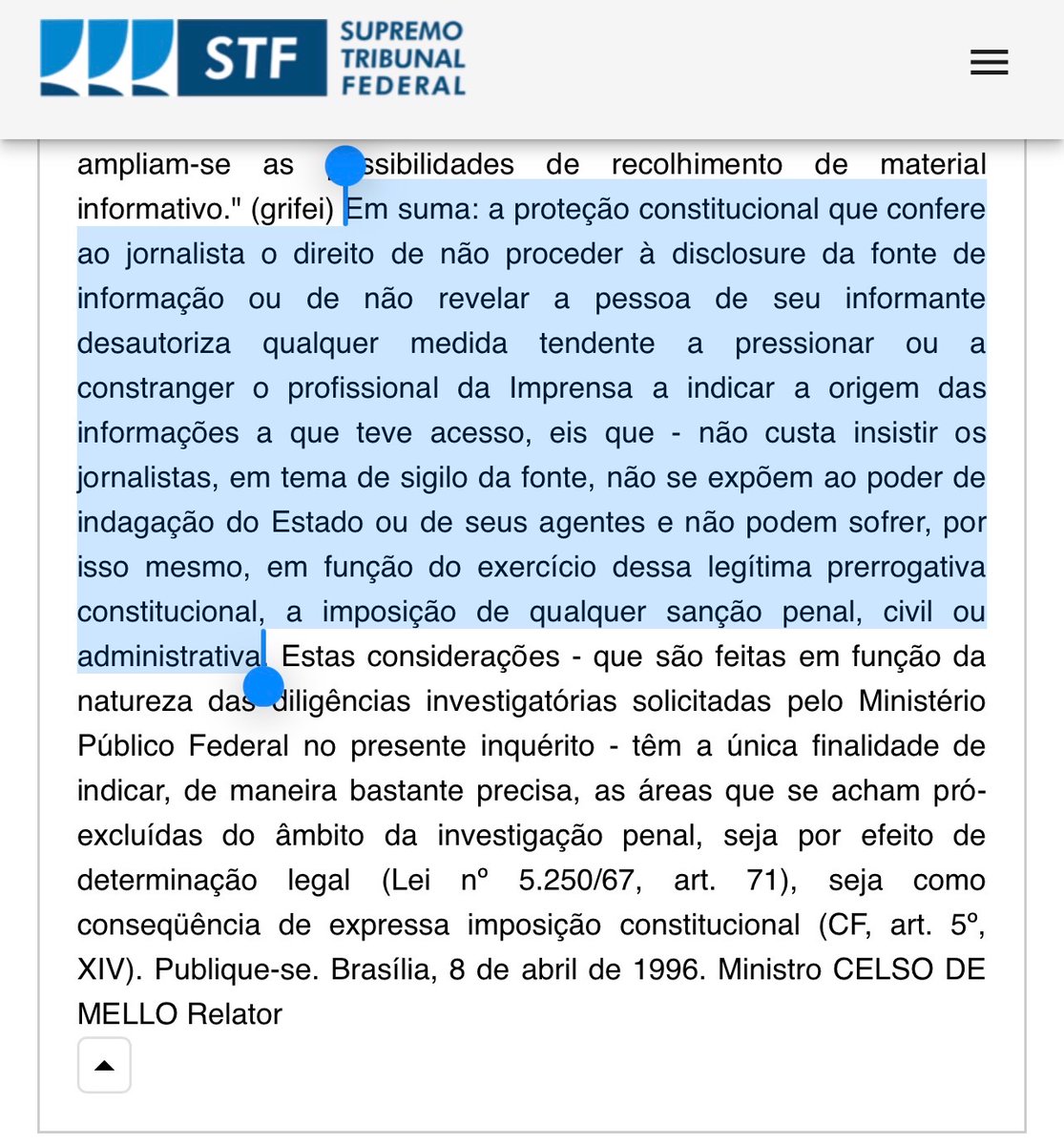 Samuel_Fonteles's tweet photo. Por que eu prefiro a jurisprudência clássica à atual?

Porque diziam a coisa certa.

Este o porquê.

(STF, INQ 870, rel. o Min. Celso de Mello, j. em 08/04/1996) https://t.co/C6hNBHfHmC