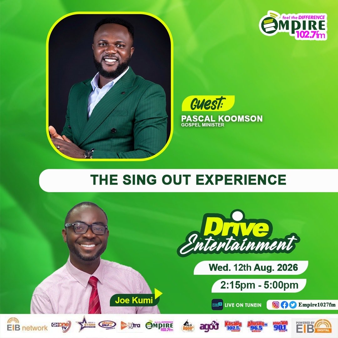 pascal_koomson's tweet photo. ROAD TO SINGOUT EXPERIENCE

Let's get interactive on  @empire1027fm and @radio360gh today as we talk about THE SINGOUT EXPERIENCE.

🗓️23rd AUGUST, 2026
📍CHRISTIAN RESTORATION MINISTRIES INTERNATIONAL.
🕓4PM PROMPT.

#pascalkoomson #singoutexperience #obeye https://t.co/1ylbmEOxz1