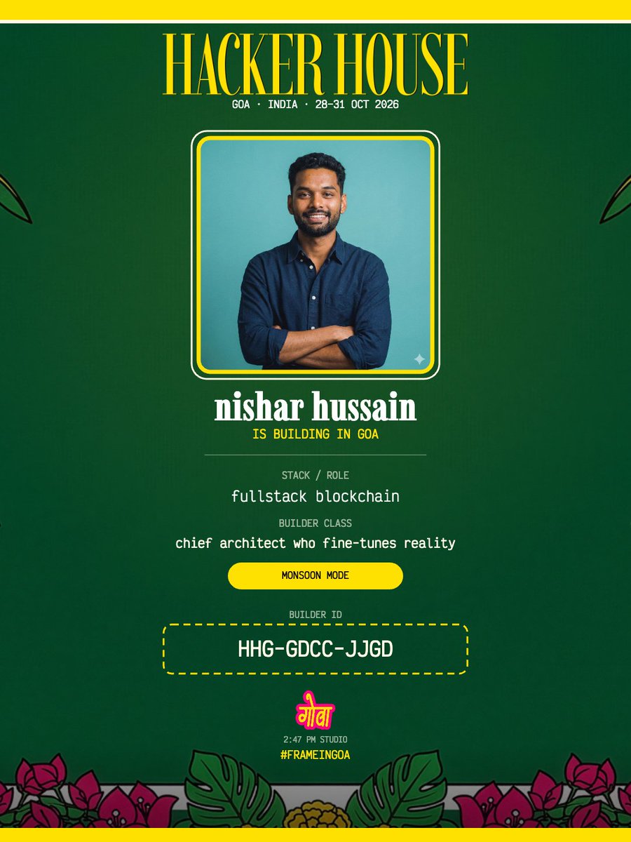 Jaannisharx's tweet photo. Built a full-frame generator for Hacker House Goa 2026. Upload any photo and get a branded Builder ID or PFP frame in seconds. Download it, share it, and you’re done.   Link: https://t.co/ZDXTprbpEt 

#FrameInGoa #HHGoa2026 https://t.co/9tWeS7Y3UU