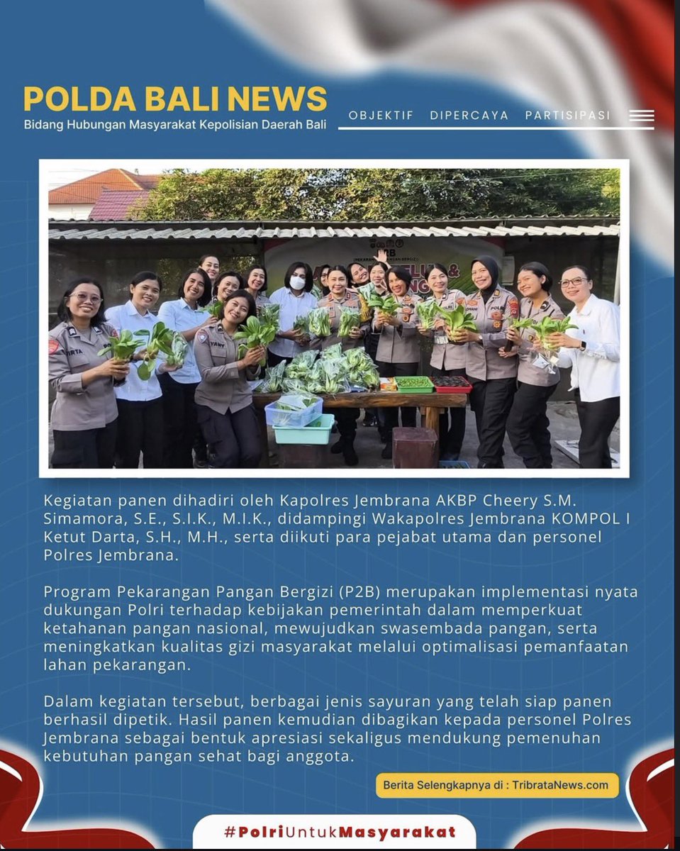 setumpoldabali's tweet photo. Panen Pekarangan Pangan Bergizi, Polres Jembrana Perkuat Dukungan terhadap Ketahanan Pangan Nasional
Komitmen Polres Jembrana dalam mendukung program
ketahanan pangan nasional terus diwujudkan melalui pemanfaatan lahan secara produktif. https://t.co/LEDagKzsPl