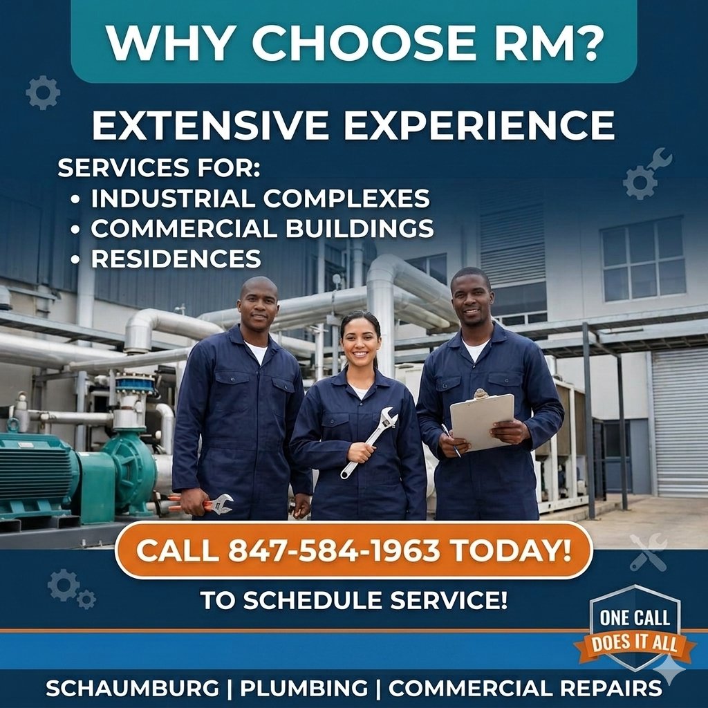 CommercialRepa3's tweet photo. Why choose RM? Our Service technicians have extensive experience providing services for industrial complexes, commercial buildings, and residences. Call 847-584-1963 today to schedule service! https://t.co/wKOXXvE7rj #onecalldoesitall #schaumburg #plumbing #commercialrepairs https://t.co/OYrl9pVogD
