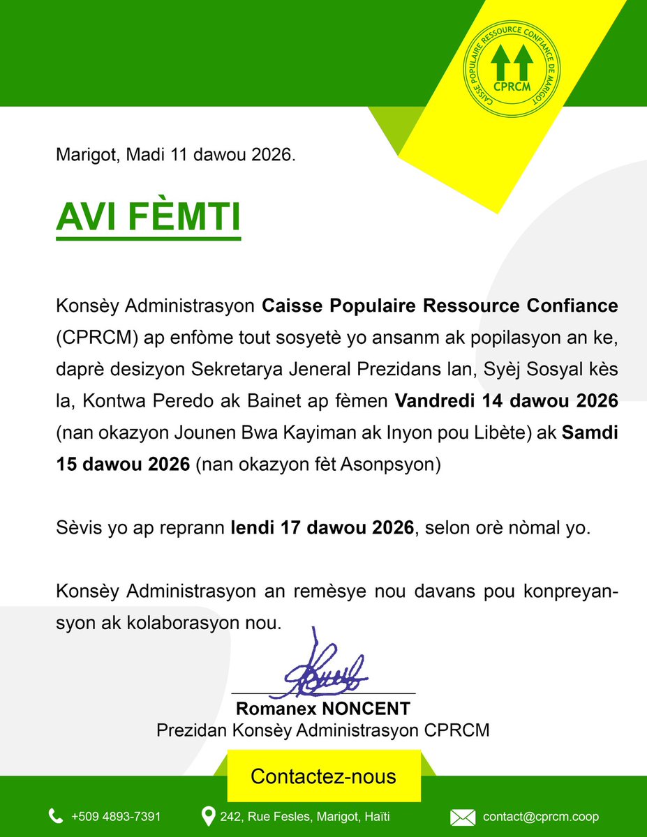 CPRConfiance's tweet photo. Avi fèmti nan okazyon Jounen Bwa Kayiman ak fèt Asonpsyon. #CPRCM https://t.co/u8F6JPXbmU