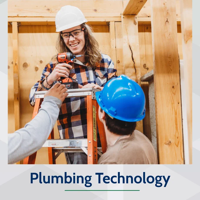 A person in a plaid shirt and hard hat stands on a ladder using a drill, assisted by another person in a blue hard hat. The setting appears to be a construction site. Text at the bottom reads, "Plumbing Technology."