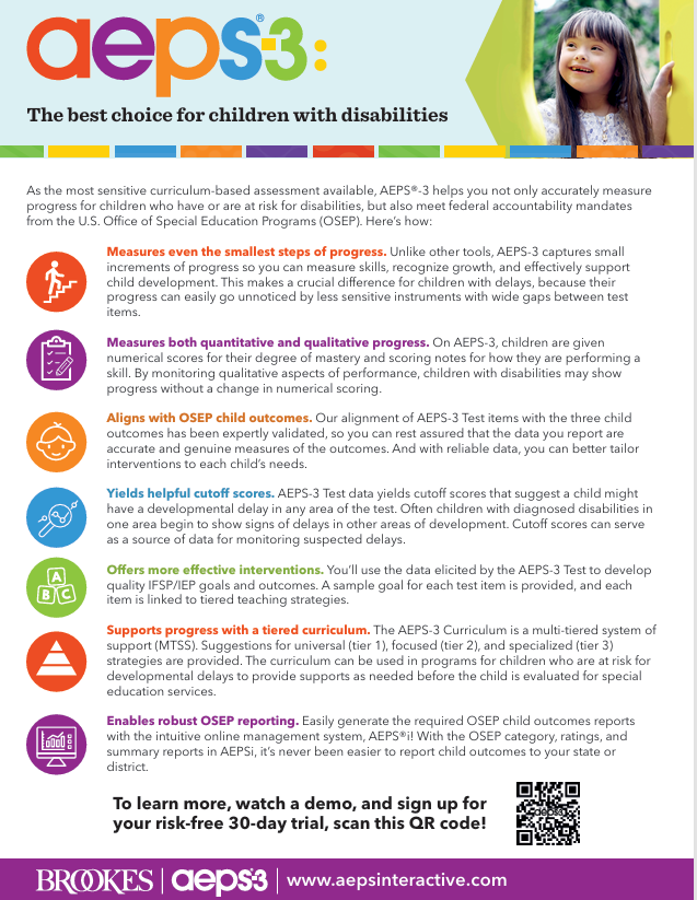 BrookesPubCo's tweet photo. Why is the AEPS-3 linked assessment and curriculum your programโs best choice for children with disabilities? Learn more about AEPS-3 and request a quote here: https://t.co/3i4hSlR8AP #ECE #PreK #EarlyIntervention #ChildhoodAssessment #ProgressMonitoring #ChildDevelopment https://t.co/BcyHg4q1Au