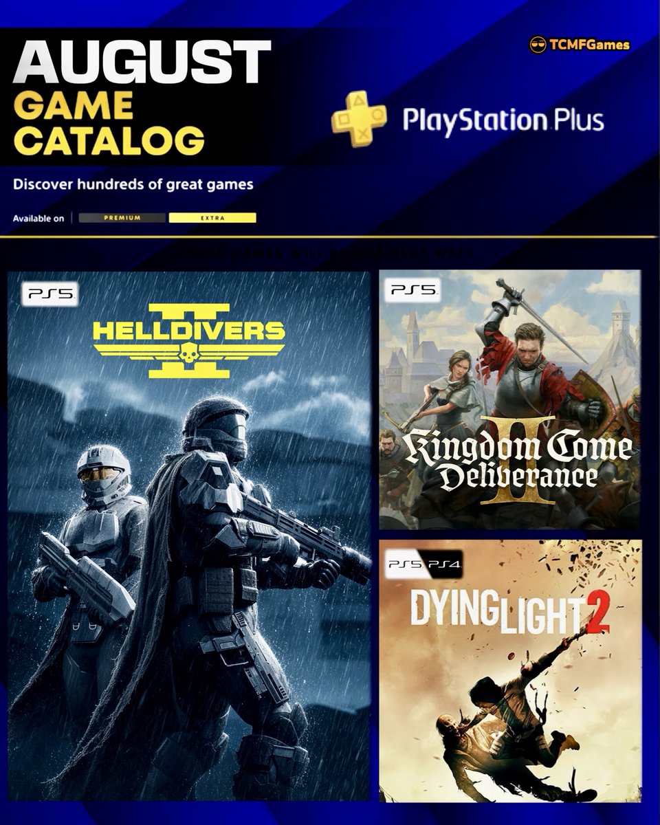 TCMF2's tweet photo. PS5 PS Plus Games August 

Extra & Premium 

▫️ Helldivers 2 (PS5)
▫️ Kingdom Come: Deliverance II (PS5)
▫️ Vampire Survivors (PS5, PS4)
▫️ Hell is Us (PS5)
▫️ Umamusume Pretty Derby – Party Dash (PS4)
▫️ Two Point Museum (PS5)
▫️ Metro Exodus (PS5, PS4)
▫️ Dying Light 2 (PS5, PS4)

Premium Only 

▫️ Onimusha: Dawn of Dreams (PS5, PS4)
▫️ Disney’s Atlantis: The Lost Empire (PS5, PS4)