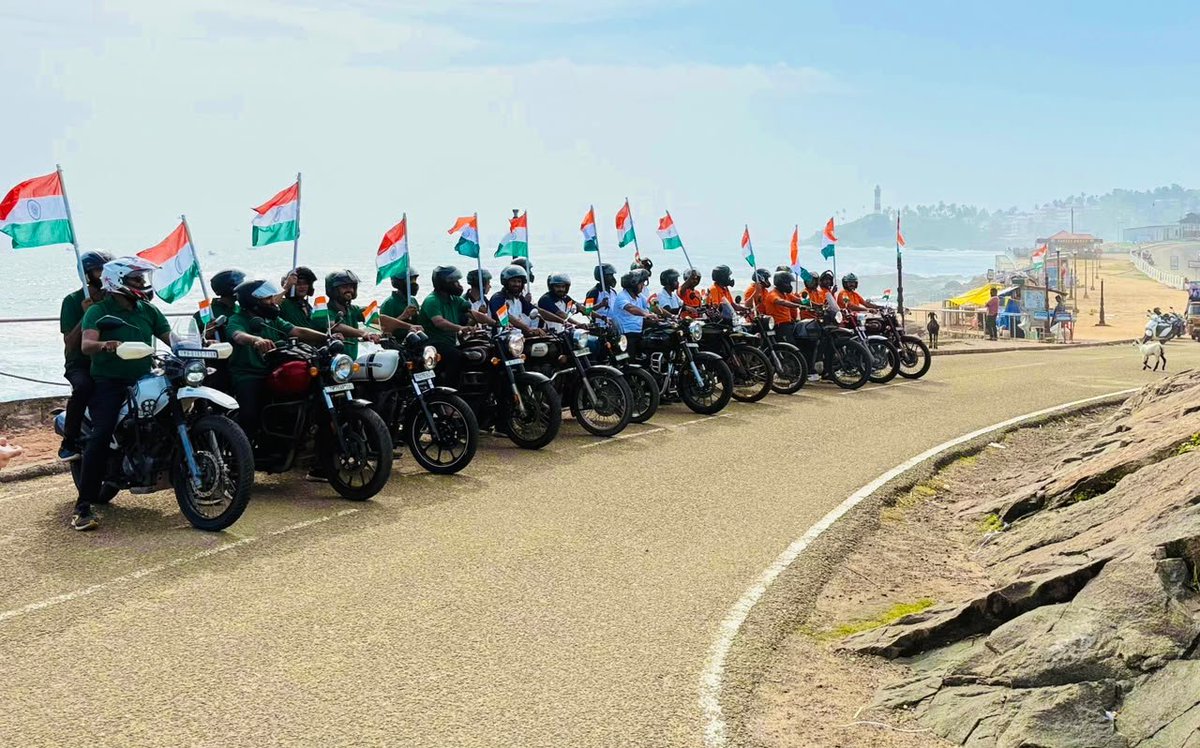 DefencePROTvm's tweet photo. As part of the 80th Independence Day celebrations and the Har Ghar Tiranga campaign a Motorcycle Rally and Tiranga Yatra were organised by the Indian Coast Guard Station Vizhinjam. The event was flagged off by the Station Commander Commandant Suresh R Kurup. Mass singing of Vande Matharam was also conducted during the event.

Coast Guard officers and personnel actively participated in both events conducted at Vizhinjam showcasing their patriotic spirit and commitment to the nation. The celebrations witnessed enthusiastic participation, spreading the message of national pride, unity and respect for the Tricolour.

#MoD #Indiannavy
#Airforce #Indianarmy
#Coastguard
#Harghartiranga
#Tirangayatra